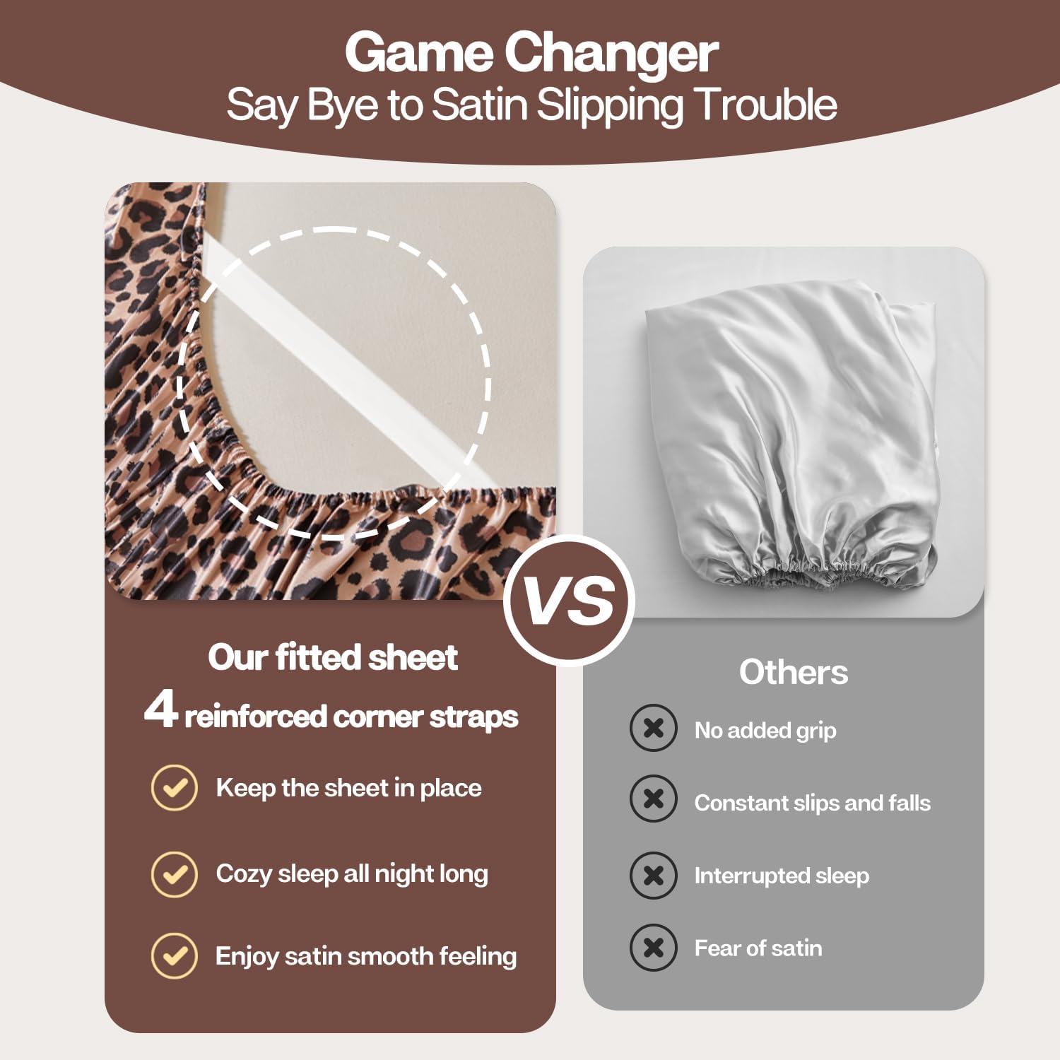 MR&HM Satin Fitted Sheet Queen Size, Silky Bottom Sheet with Elastic Corner Straps, Deep Pocket up to 15 Inch, No More Slipping Off for Mattress - 1 Fitted Sheet Only (Brown Leopard)