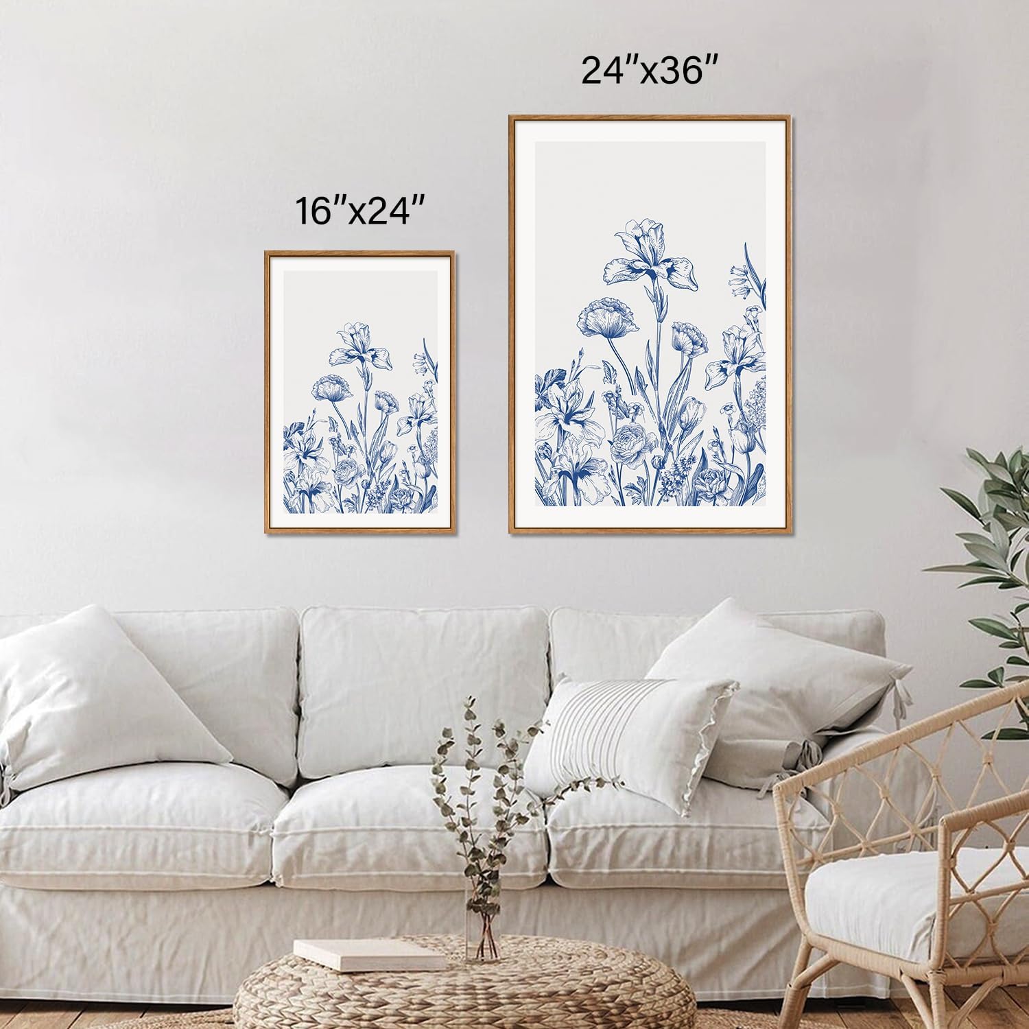 SIGNINART Classic Chinoiserie Botanical Framed Canvas Wall Art, Blue and White Floral Wall Decor, Minimalist Flower Artwork, Navy Blue Wildflower Art Painting for Bedroom Living Room Office 24"x36"x3