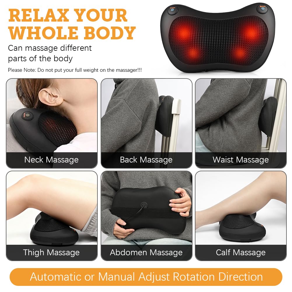 Coussin Massage Shiatsu, Rotation Bidirectionnelle Appareil de Massage avec 4 Nœuds et 3 Vitesses Réglable, Masseur Dos chauffrant, Massage pour Cou, Pieds, Cervical, Corps, Idéal Cadeau de Noël