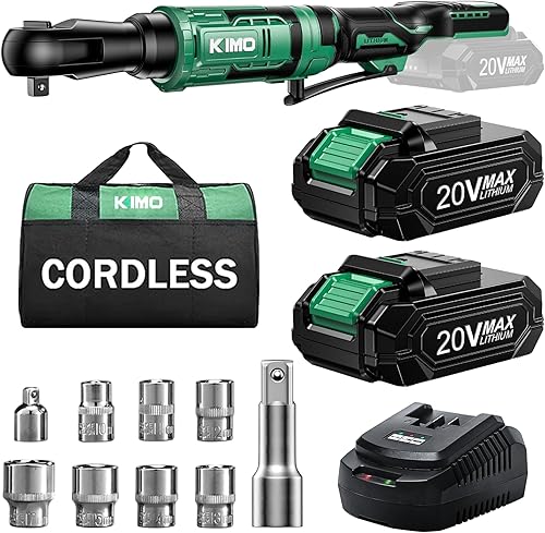 KIMO - Llave de trinquete inalámbrica de 20 V, juego de 1/2 pulgada, llave de trinquete eléctrica de 74 Ft-lbs 400 RPM, trinquete a batería con 7