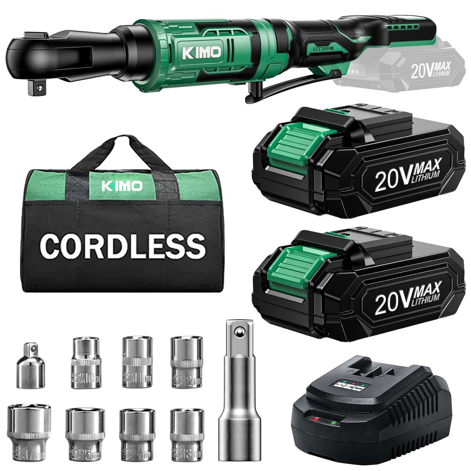 KIMO 20V Cordless Ratchet Wrench 1/2" Set, 74 Ft-lbs 400 RPM Electric Ratchet Wrench, Battery Powered Ratchet with 7 Sockets, 3" Extension Bar, 3/8"
