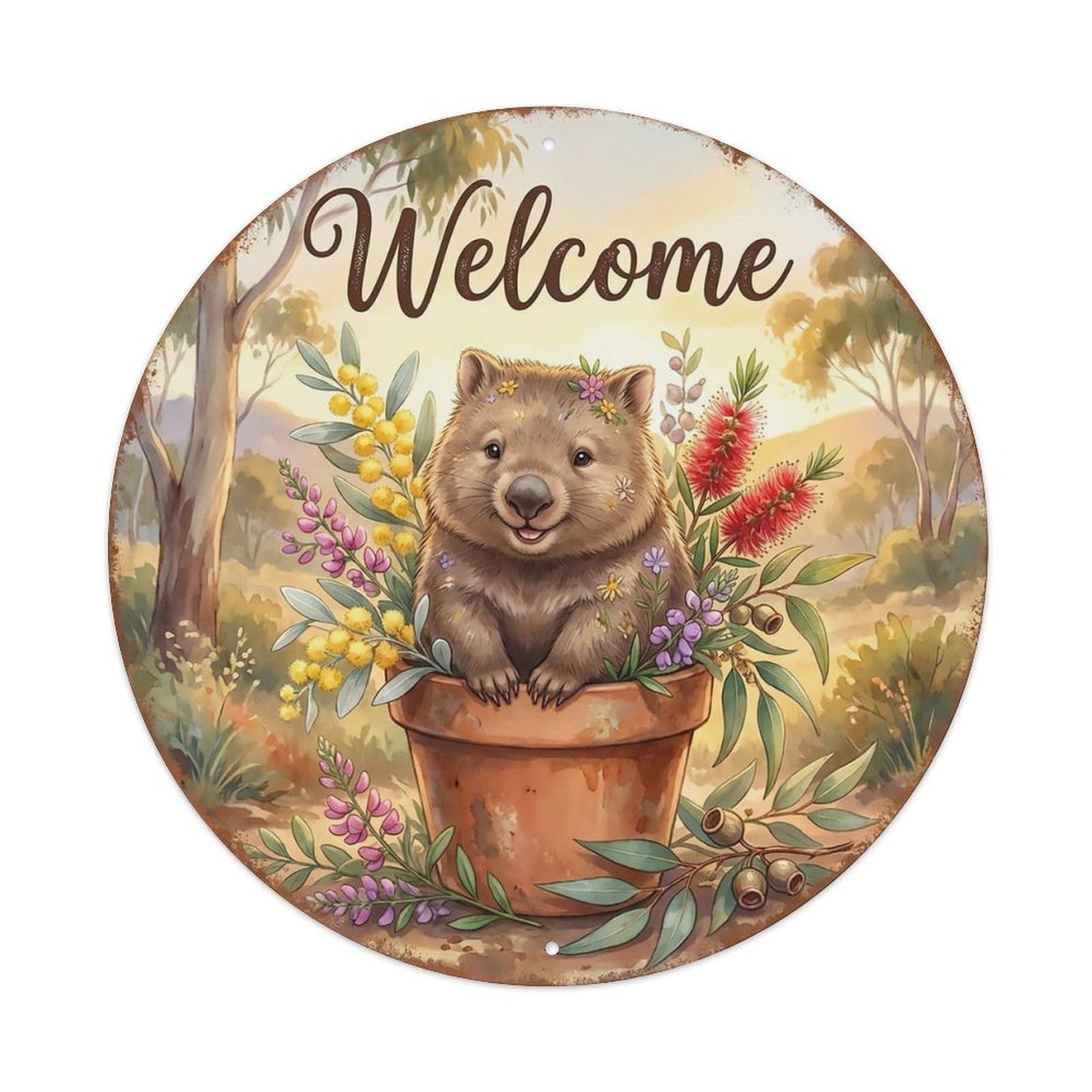 Welcome Wombat Bush Flowers Metal Tin Sign