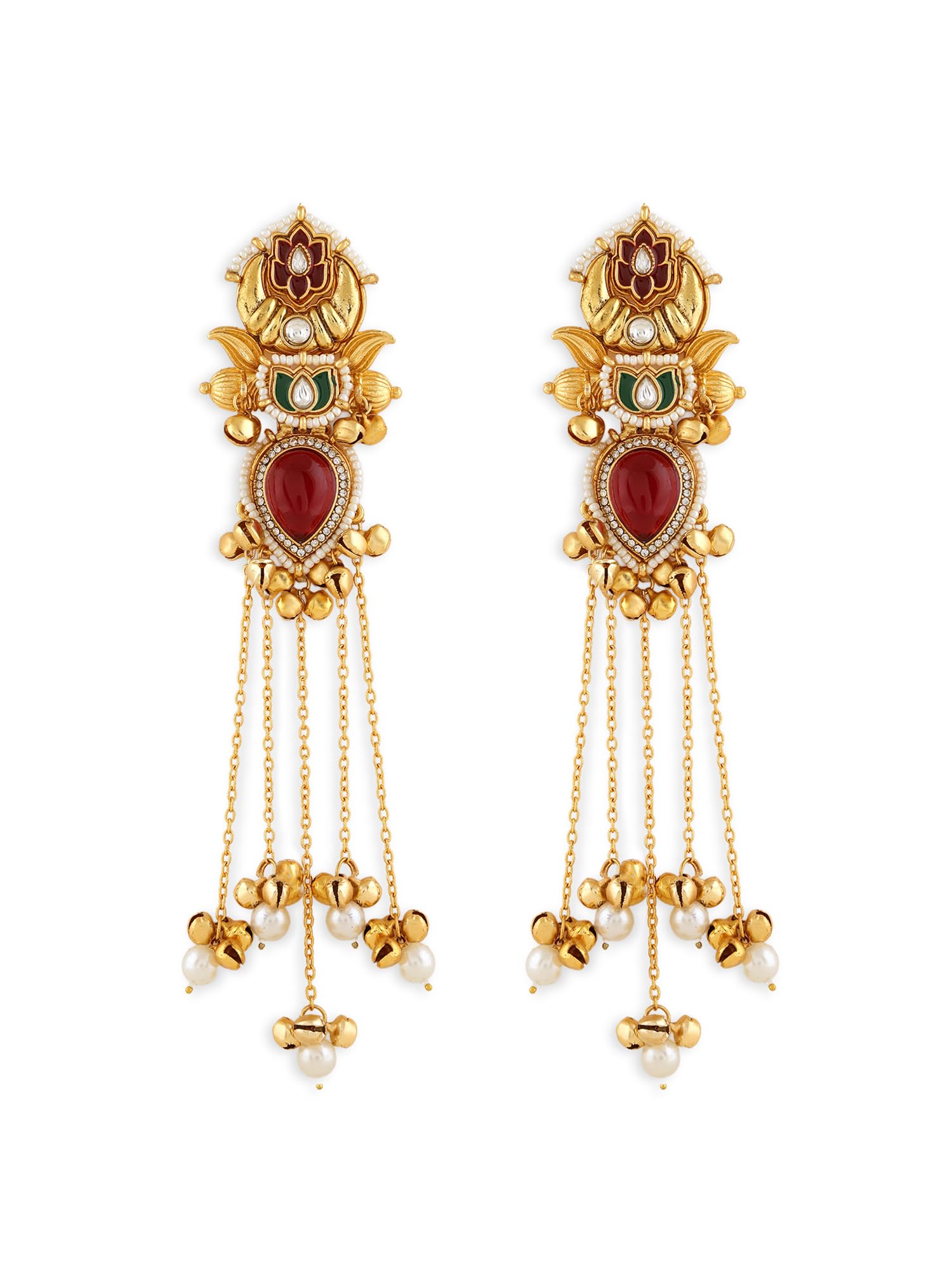 Red Green Stones Kashmiri Ghungroo Embellished Statement Dangler Earring For Women-ZPFK21984-image-25