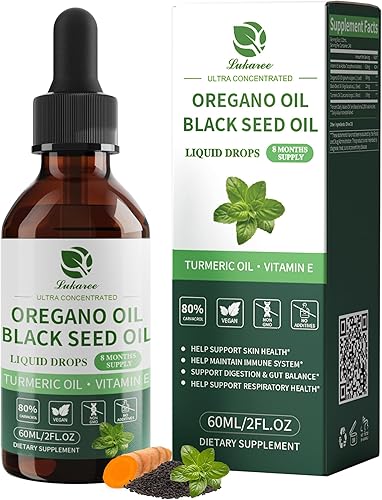 Aceite de orégano con aceite de semilla negra, gotas de aceite de orégano 4 en 1 con aceite de cúrcuma y vitamina E, 80% Carvacrol, inmune,