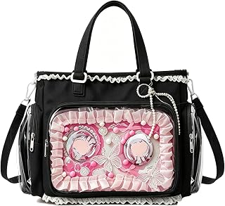 Ita Bag, DIY Clear Pin Display Crossbody Purse with Insert and Accessories, Kawaii Anime Y2K Shoulder Tote Bag, Adjustable Multi-compartment Display Purse with Pearl Bow Lace for Women Daily Use