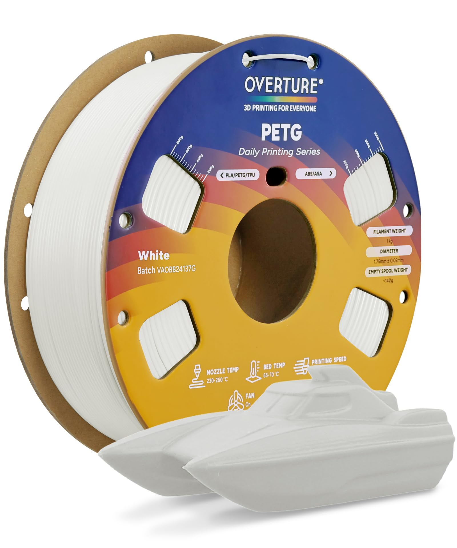 OVERTURE PETG 3D Printer Filament 1.75mm, Neatly Wound Durable PETG 1kg Spool (2.2lbs), Strong Toughness Filament, Dimensional Accuracy +/- 0.02mm, Fit Most FDM Printers (White)