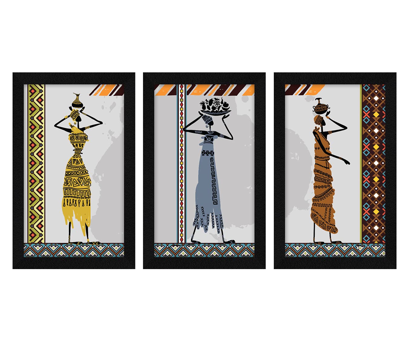 ArtX Paper African Tribal Wall Art Painting, Framed Paintings, 13 X 25.5 inches(Combined), 8.5 X 13 each, Multicolor, Set of 3 (AXC00168-AFR)