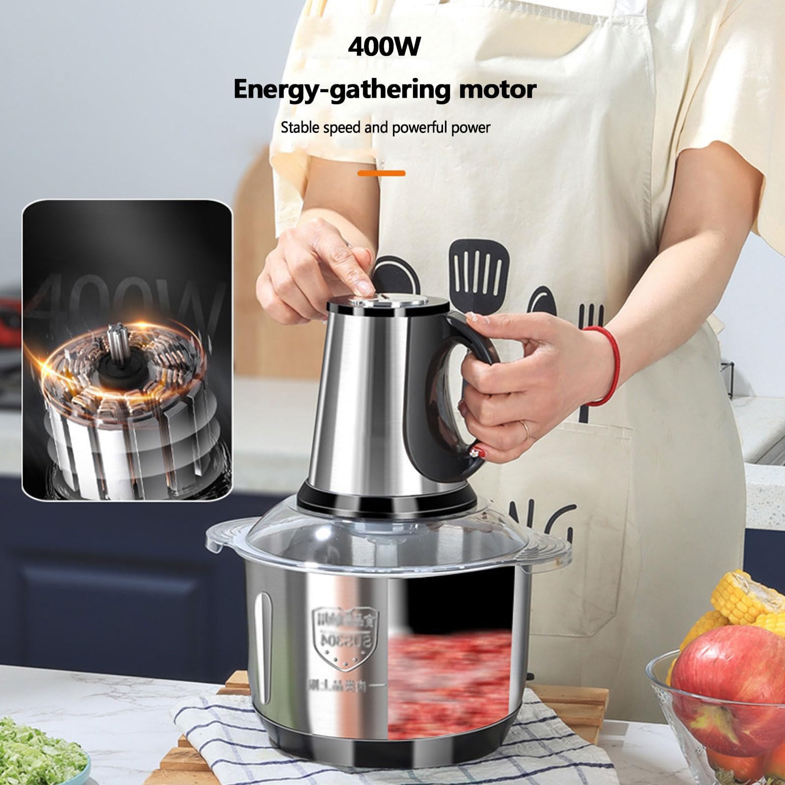 Genérico Picadora de Alimentos eléctrica de 2000W, procesador de Alimentos con Recipiente de Acero Inoxidable de 5L | Picadora carne cuchillas acero inoxidable carne, verduras, cebolla ajo, picadora licuadora 3 velocidades(Blue)