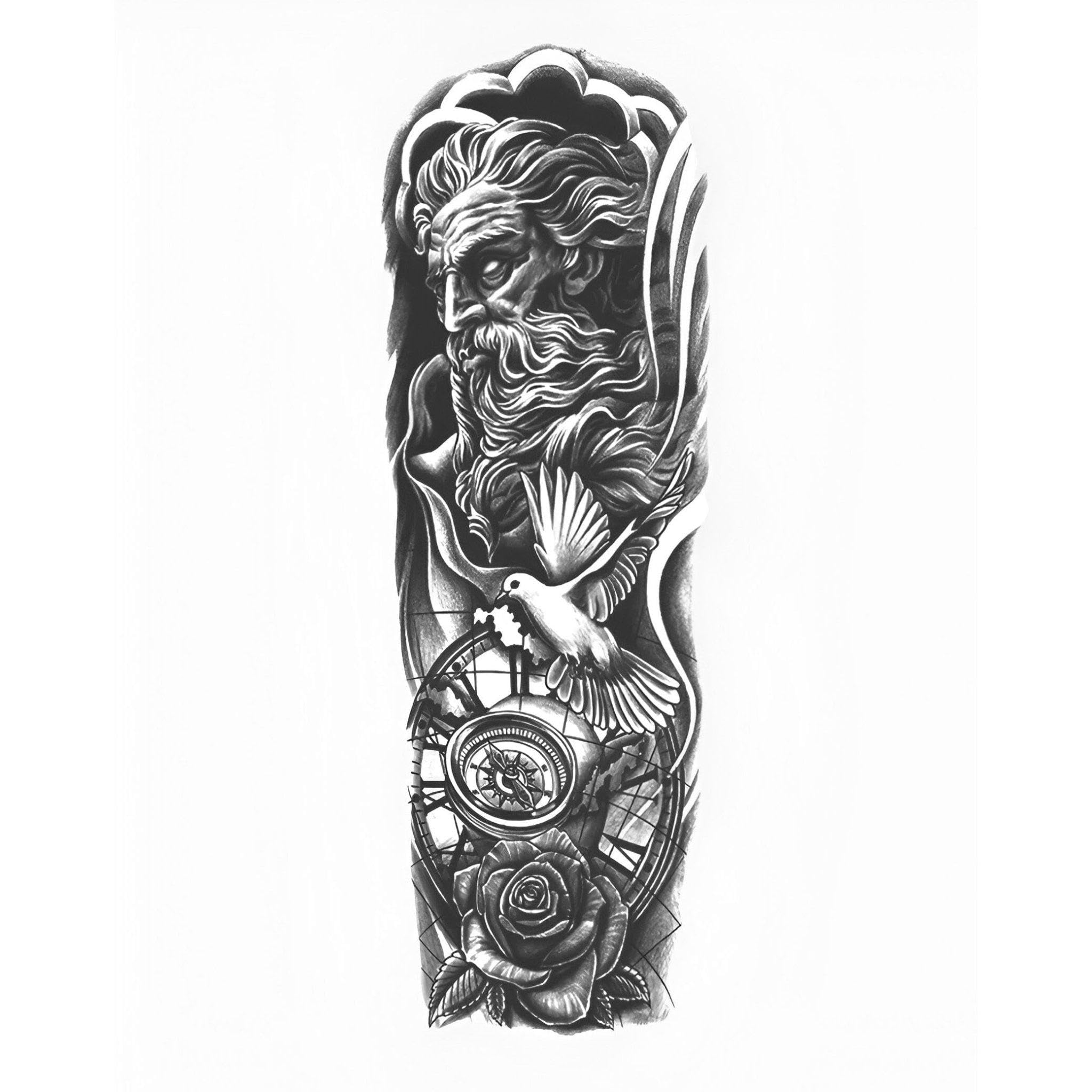 Realistic Greek God Poseidon Temporary Tattoo Sleeve – Waterproof Large Full Arm Body Art Sticker for Men and Women, Features Compass, Rose, and Dove Design-image-11