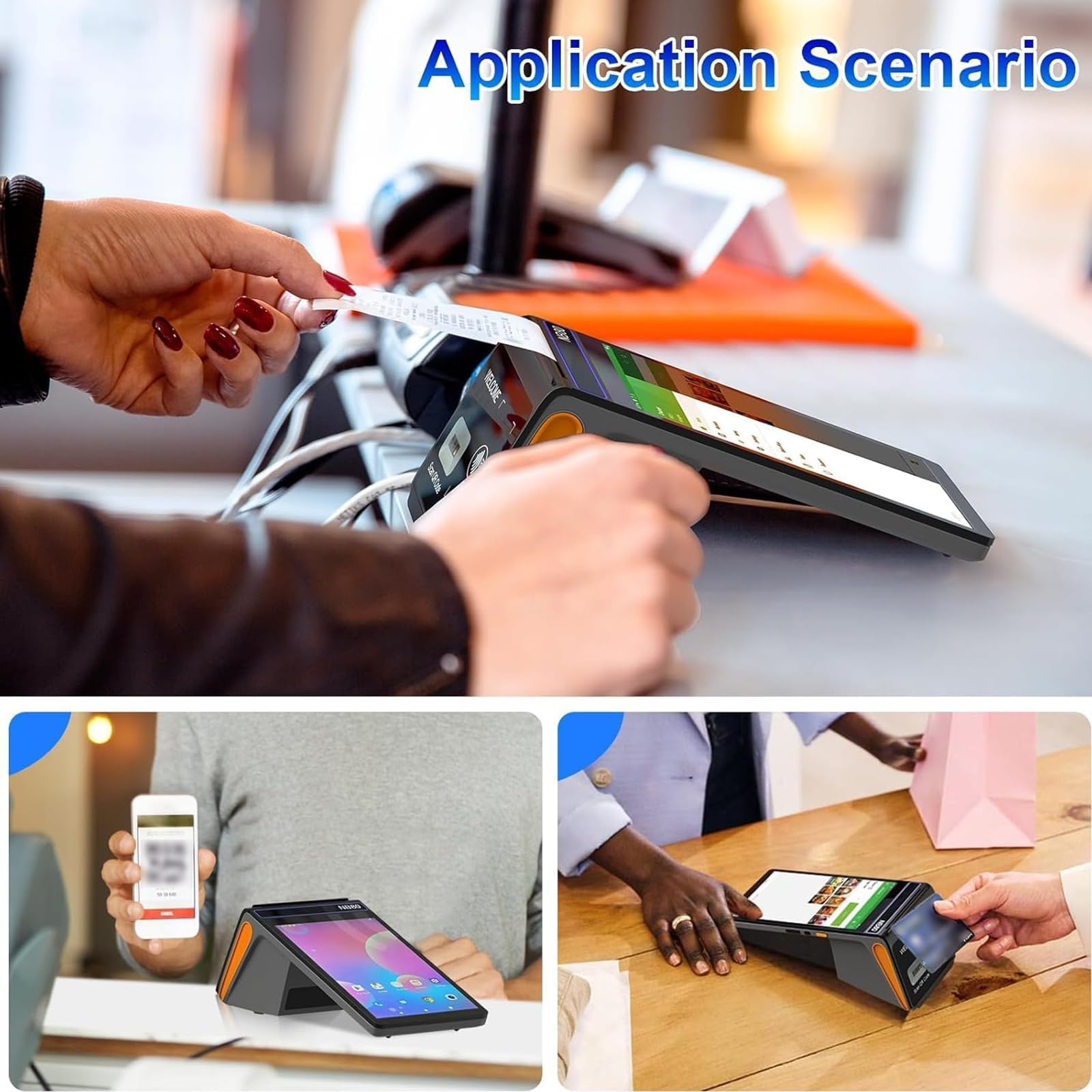 Terminale POS con touch screen da 8 pollici, stampante per ricevute da 58 mm, connettività 4G e WiFi, scanner di codici a barre e funzionalità NFC