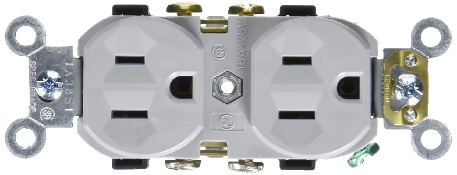Leviton 15-Amp, 125-Volt, Narrow Body Duplex Receptacle, Straight Blade, Commercial Grade, Self Grounding, Side Wired, CR15-E, Black