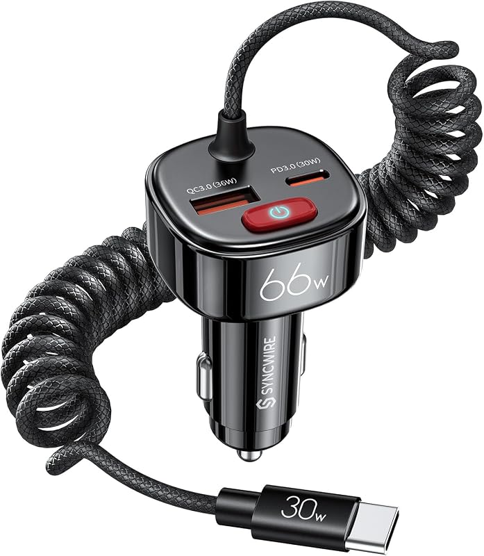 USB C Car Charger 66W Super Fast Car Adapter with 6FT Coiled Cable | Battery Leakage Prevention with PD & QC 3.0 Fast Charging. Fits iPhone 17/16/15 Series, Samsung Galaxy, and Google Pixel.