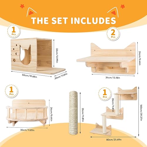 Miniatura 2 de NOVGOBHOT Estantes de pared para gatos grandes Juego de 9 piezas de estantes de pared de madera para gatos, sistema de escalada para gatitos con