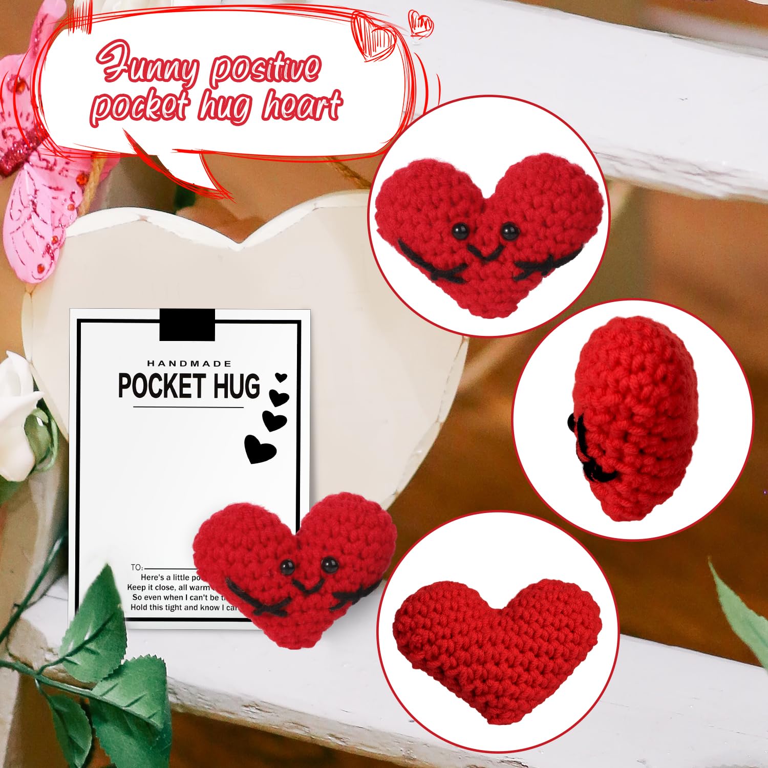 Kieszonkowe Serce, 7,5x5,5cm Slodkie, Szydelkowe Serce z Kartka z Zyczeniami Smieszne Pozytywne Serce Male Dekoracja Zachecajacy Prezent dla Przyjaciól Rodziny (Czerwony)
