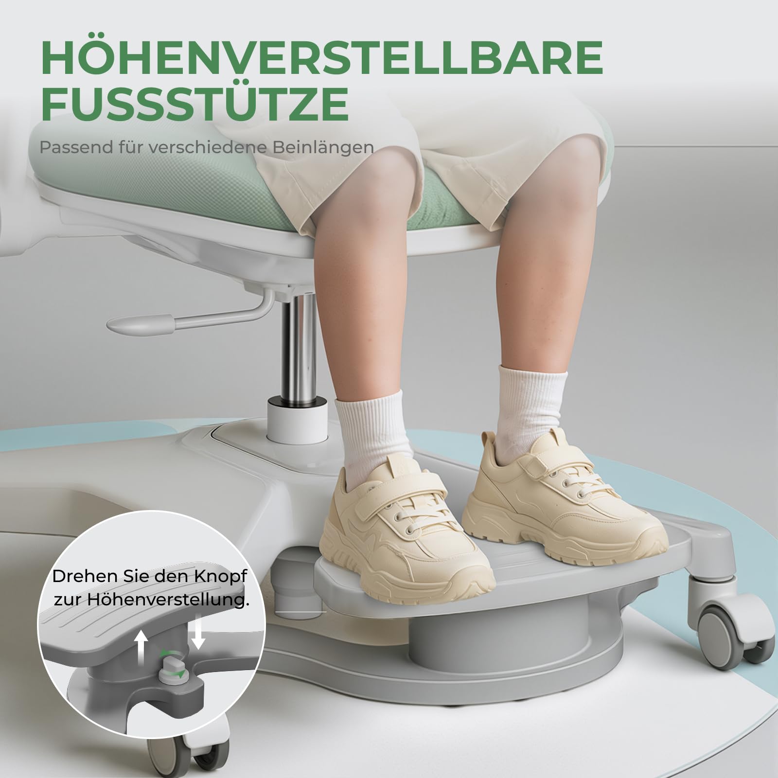 HOKO Kinderschreibtischstuhl höhenverstellbar, vielseitig verstellbar | Schmetterlingslehne, klappbare Armlehnen, höhenverstellbare, abnehmbare Fußstütze, selbstsperrende Rollen, Grün, ANTON