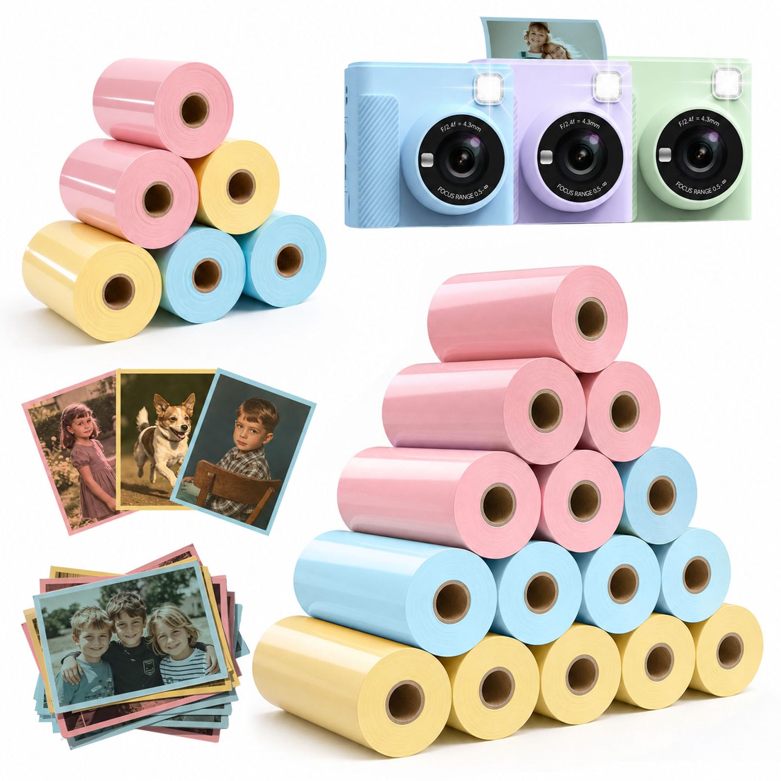 21 Rolls Kids Camera Paper Roll, 57x25mm Thermal Paper, 3 Colours