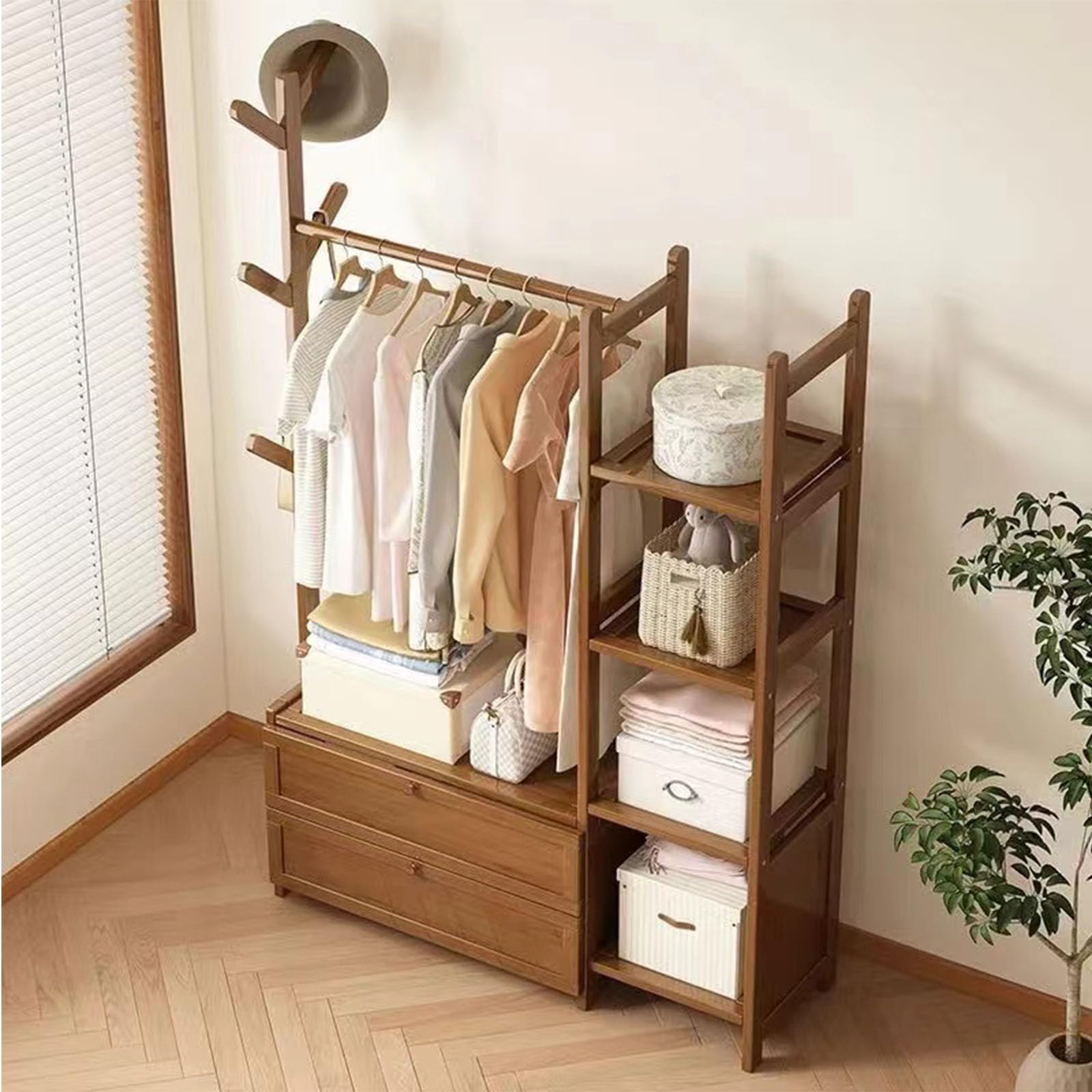 Percha de bambú Abierta, Armario Estable Multifuncional, con cajones y Ganchos de Ropa, Adecuada para dormitorios, vestuarios (Door 80cm/32in#)