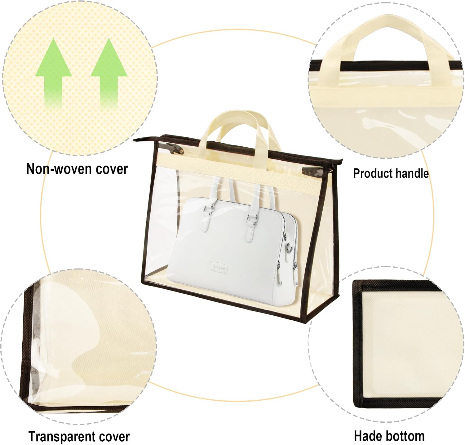 Vercord Clear PVC Handbag Dust-Free Cover Moistureproof Purse Storage Bag Organizer with Handle Zipper Space-Save Holder for Closet Beige L 3Pcs