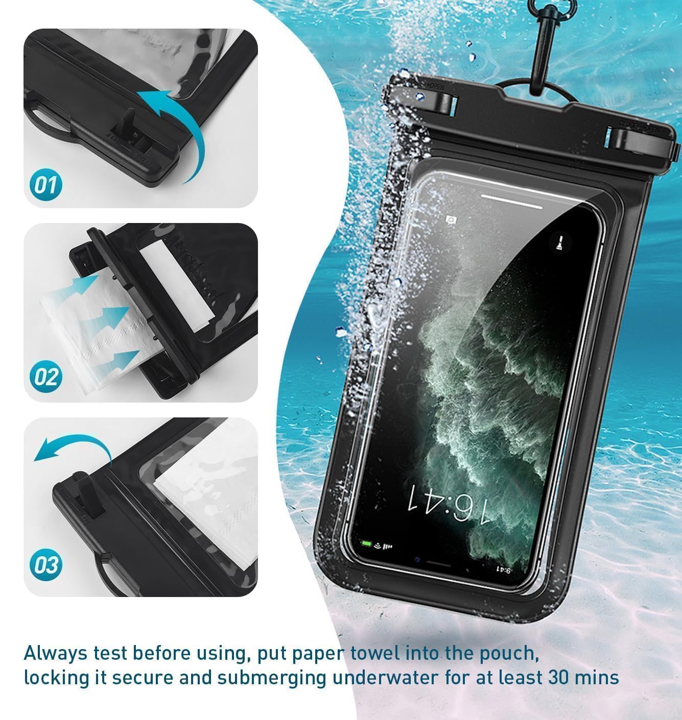 Wasserdichte Handytasche, mit Innentasche, große wasserdichte Schutzhülle für iPhone 15, 14, 13 Pro Max, IPX8-zertifiziert und leicht, für Strand, Kreuzfahrt, Schiff, 1 Packung, Schwarz, 21,6
