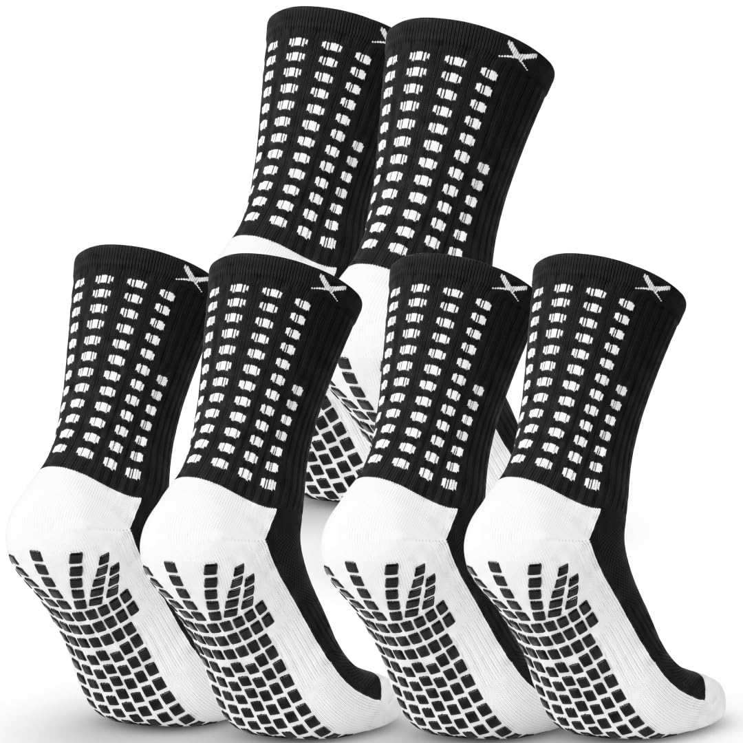 LUX Sports Grip Socks - Large, Black, 3-Pack, Crew - Non Slip Socks for Football Boots & Soccer Equipment - Reinforced Toe & Heel for Cleat Stability