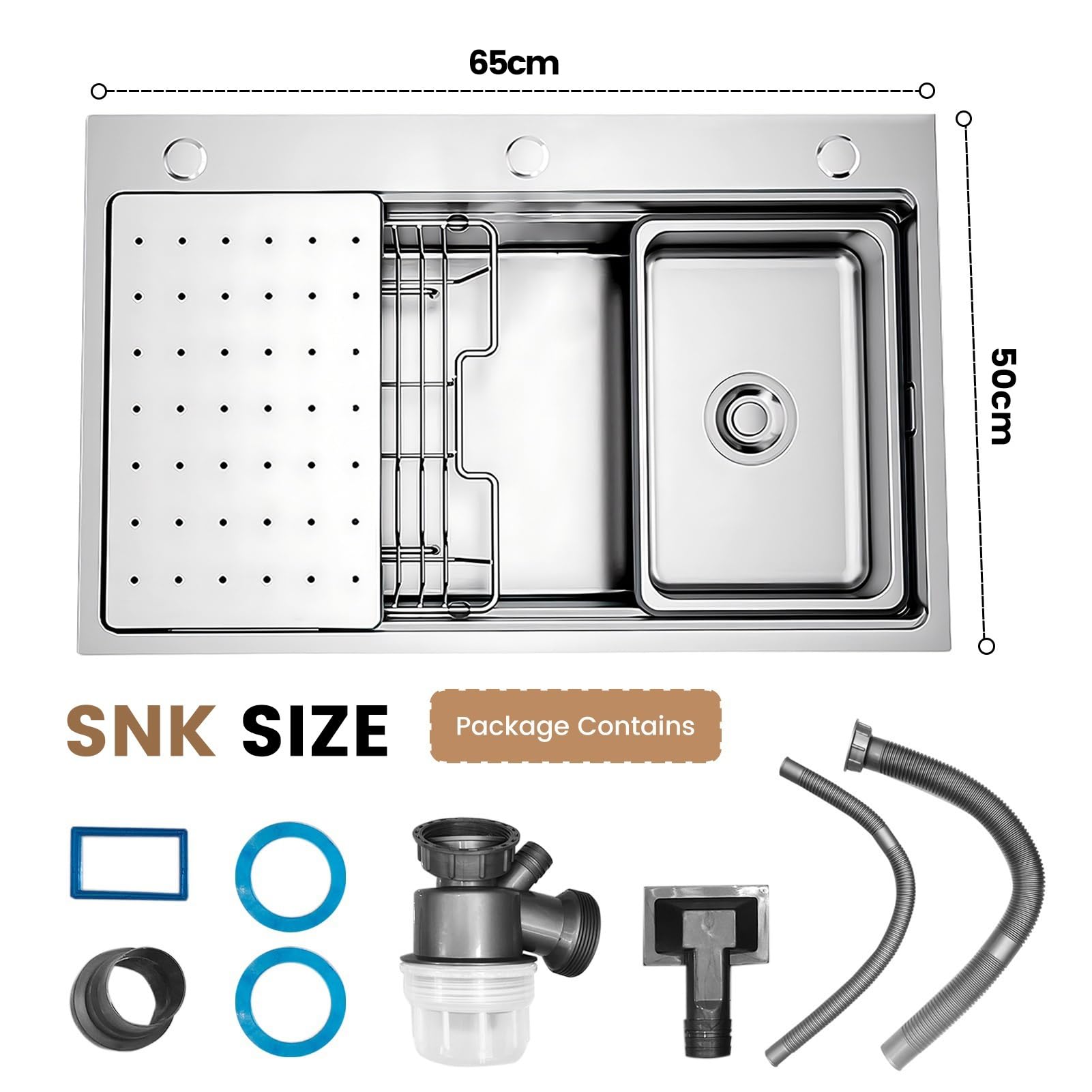 Fregadero de 65 x 50 cm de acero inoxidable 304, con sifón, escurridor, tabla de cortar, lavabo pequeño, fregadero de cocina grande y moderno, 1 lavabo, empotrable/instalación desde arriba