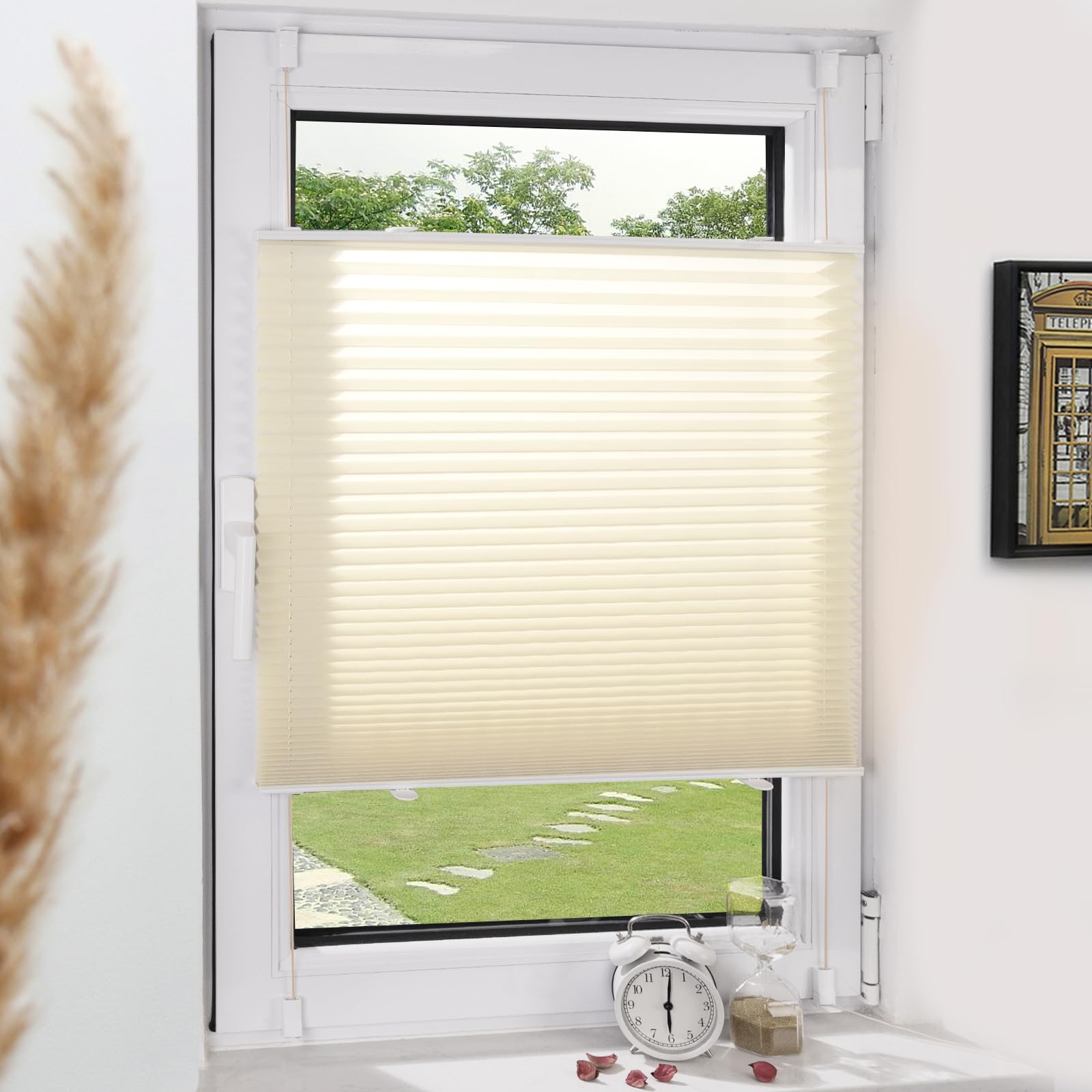 Grandekor Plissee Klemmfix ohne Bohren Beige 60x120cm(BxH) Plissees lichtdurchlässig Blickdicht Jalousien ohne Bohren Fensterrollo Klemmrollos Sonnenschutz Sichtschutz Faltrollo Rollos für Fenster