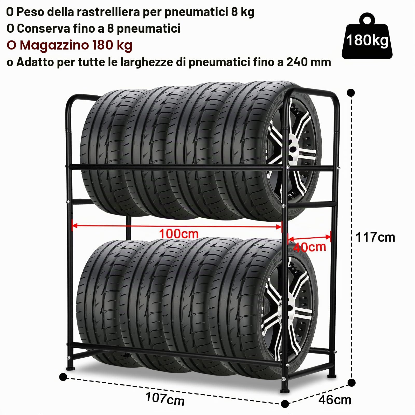 Scaffale Supporti per Pneumatici per 8 Pneumatici, per Ruote e Cerchioni, salvaspazio, capacità di carico 180 kg, per Garage Cantina, con Viti e tasselli, 107 x 46 x 117 cm