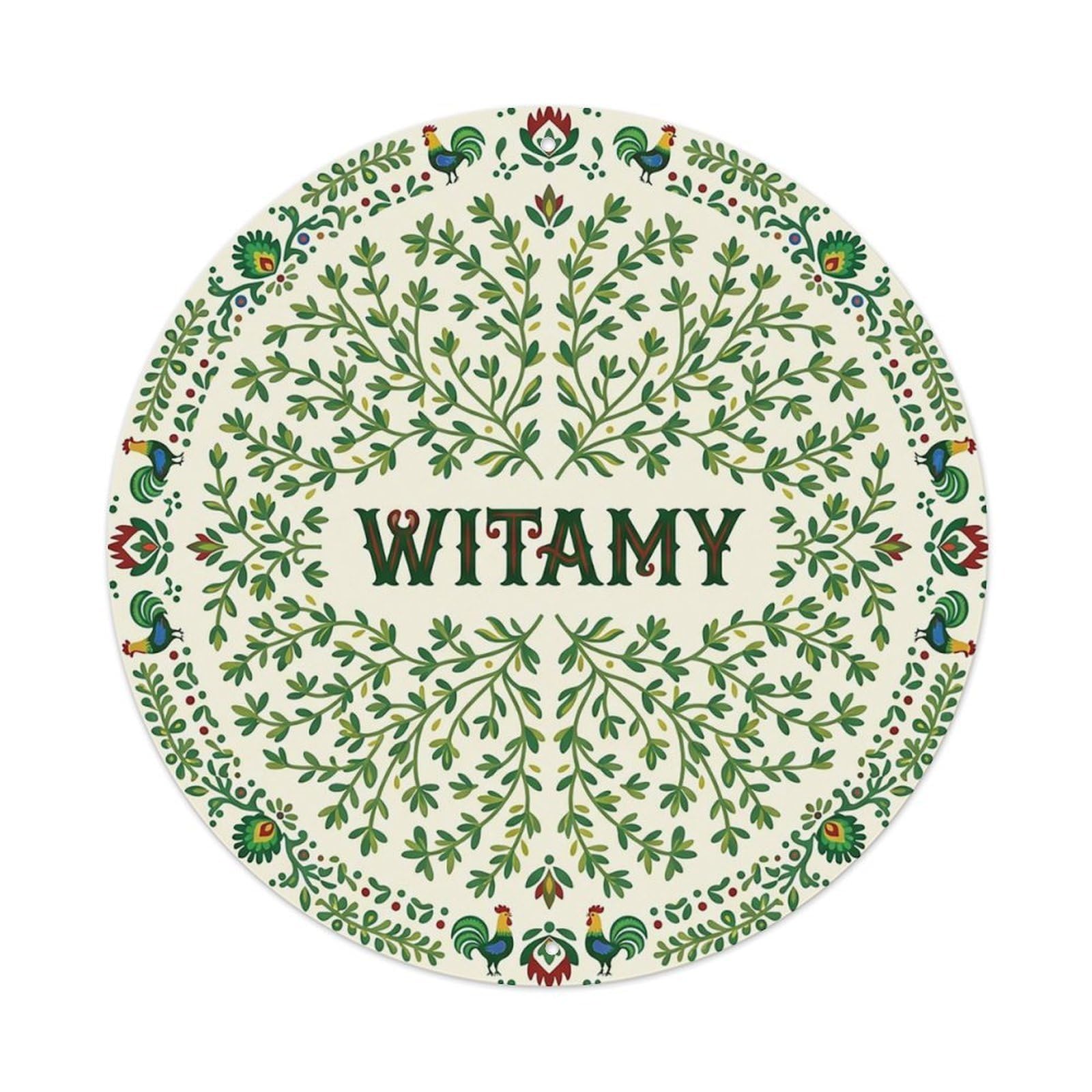 Vintage Polish Folk Art Witamy Welcome Thyme Green Metal Tin Sign