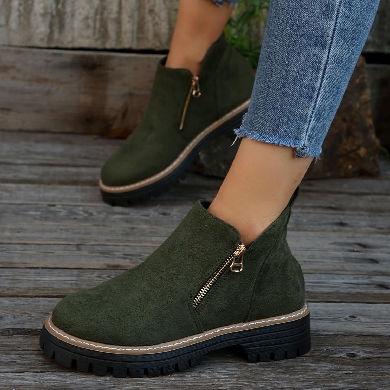 Chunky Heel Ankle Boots For Women Suede Comfy Platform Lug-Sole Round Toe Short Booties With Side Zipper Casual Vintage Shoes