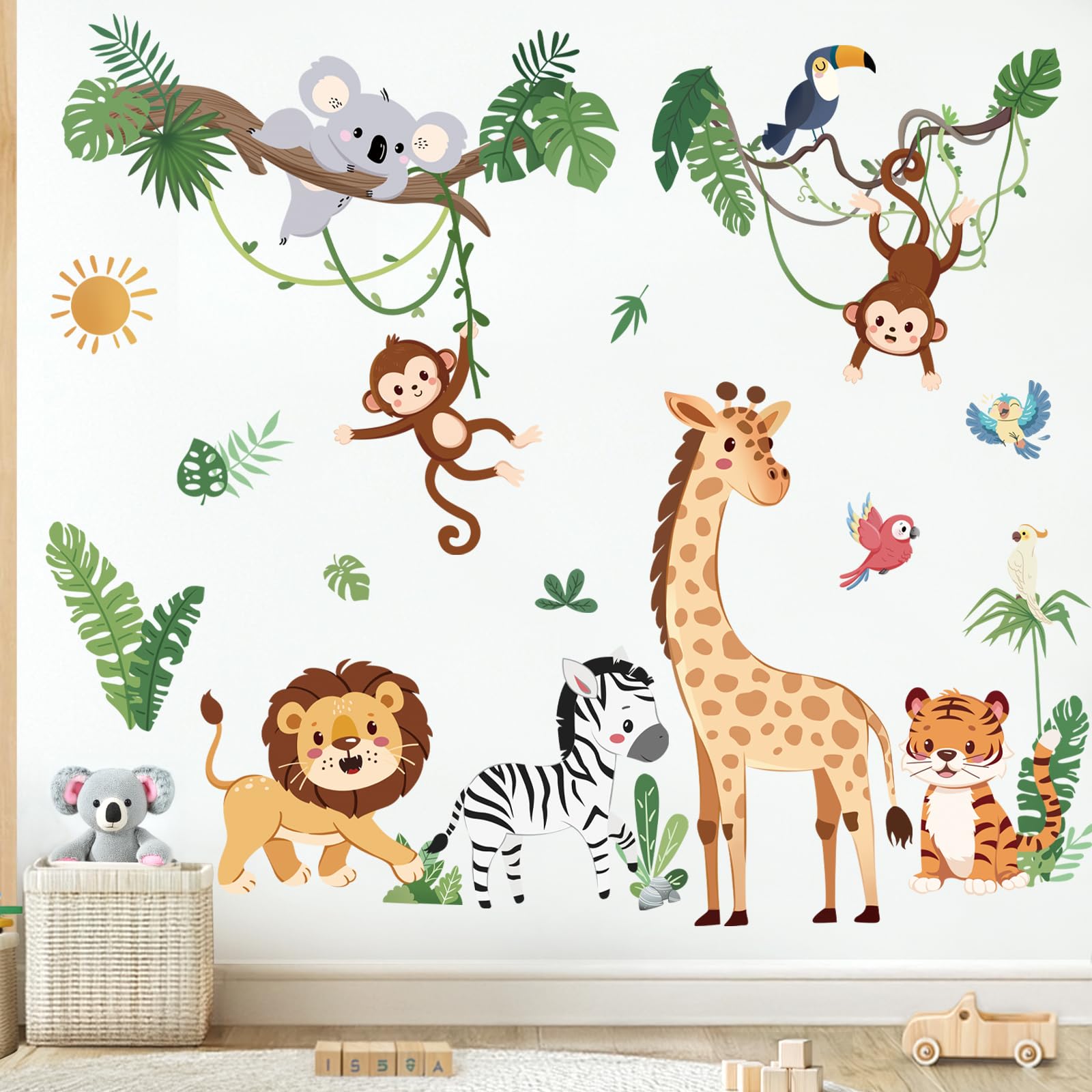 wondever Jungle Animals Tropical Leaves Wall Stickers Safari Lion Giraffe Monkey Peel and Stick Wall Art Decals for Baby Nursery Kids Bedroom Living Room โ image 1