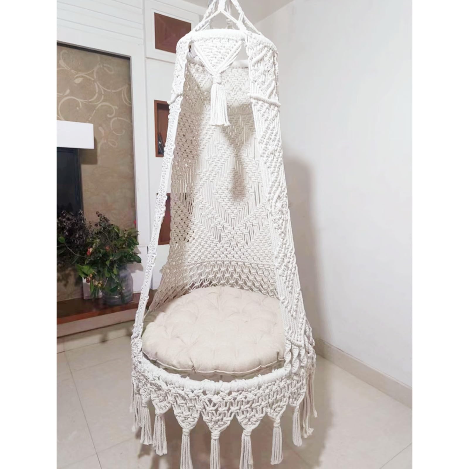 Poltrona Sospesa da Giardino Bianca Sedia Sospesa con Cuscino Rotondo, Sedia Amaca Altalena di Cotone Intrecciate per Interni Giardino e Terrazzo(100cm(39.37in))