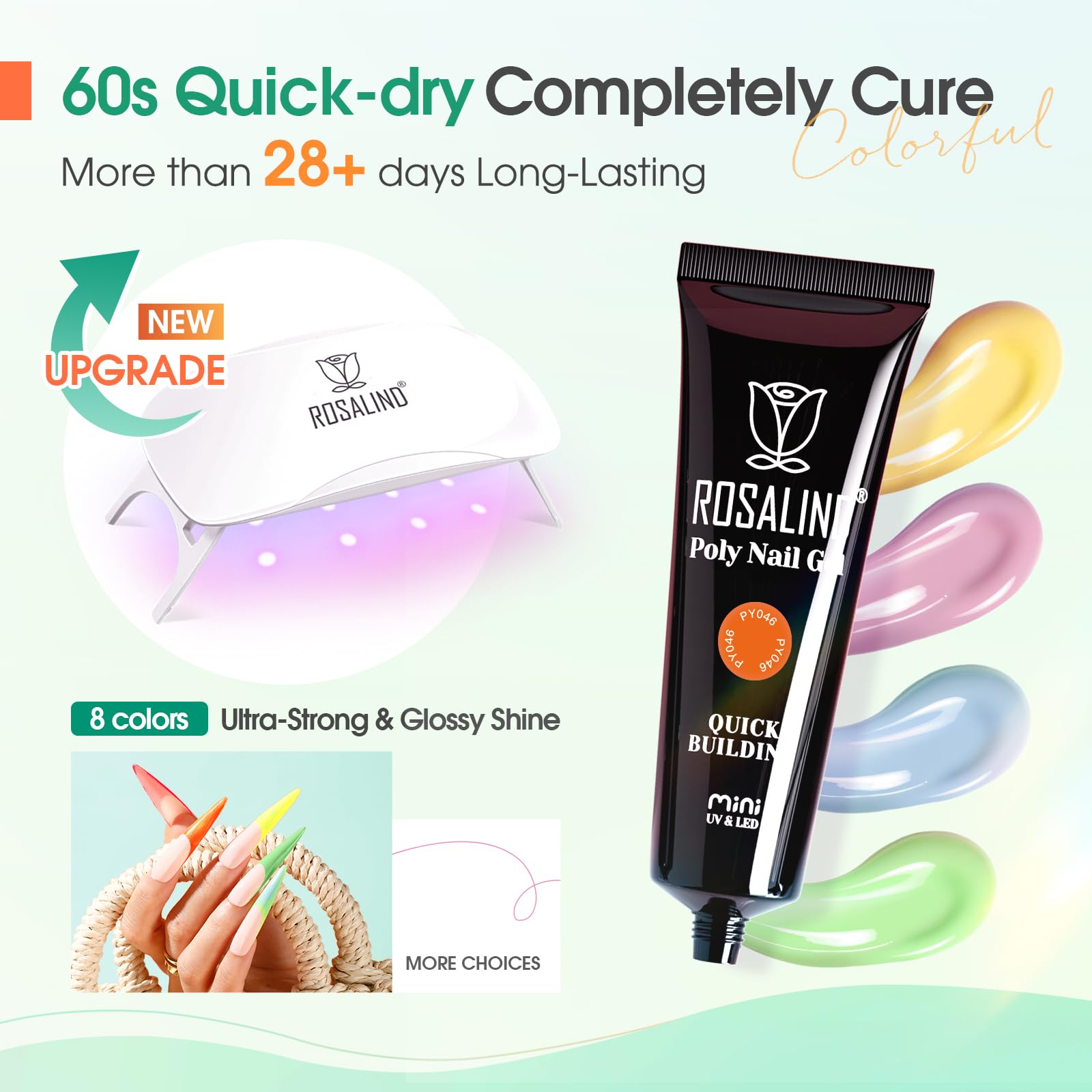 ROSALIND Kit UV Acrygel pour Ongle Complet, Poly Extension d'ongles en Gel 8 Couleurs 10 ml Avec Lampe UV, Base & Top Coat et Outils de Manucure, DIY Nail Art Ongles Gel Complet Kit pour Débutant