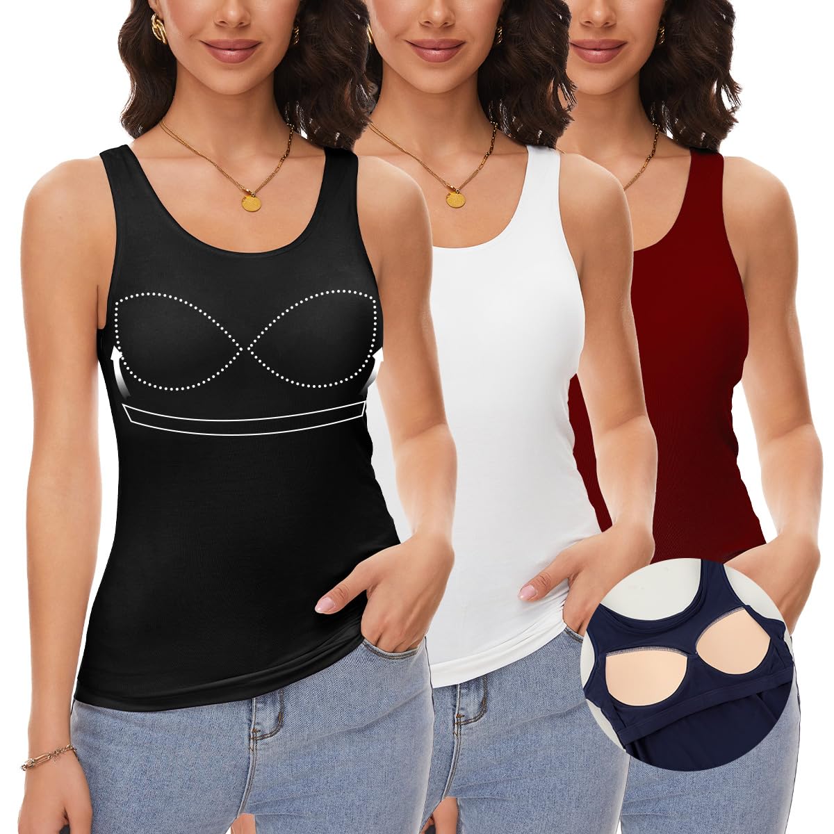 ANYFITTING Damen Unterhemd mit Integriertem BH Tank Top ärmellose Shirts Basic U-Ausschnitt Eingebauter BH Bügelloser Gepolstert Tank Tops Sommer Yoga S-3XL