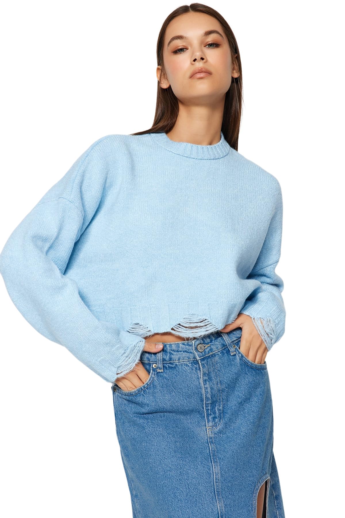 Trendyol FeMan Regular fit Basic Crew Neck Knitwear Sweater,Blue,M