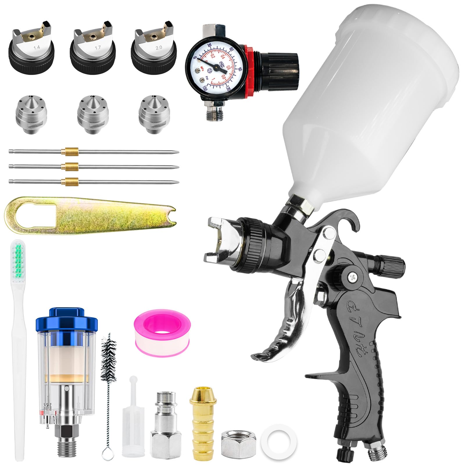 RRJ HVLP - Pistolet à Peinture Professionnel - avec 3 Buses de 1,4/1,7/2,0 mm - Pistolet à Peinture Professionnel à air comprimé - avec gobelet en Plastique de 600 ML - avec régulateur de Pression