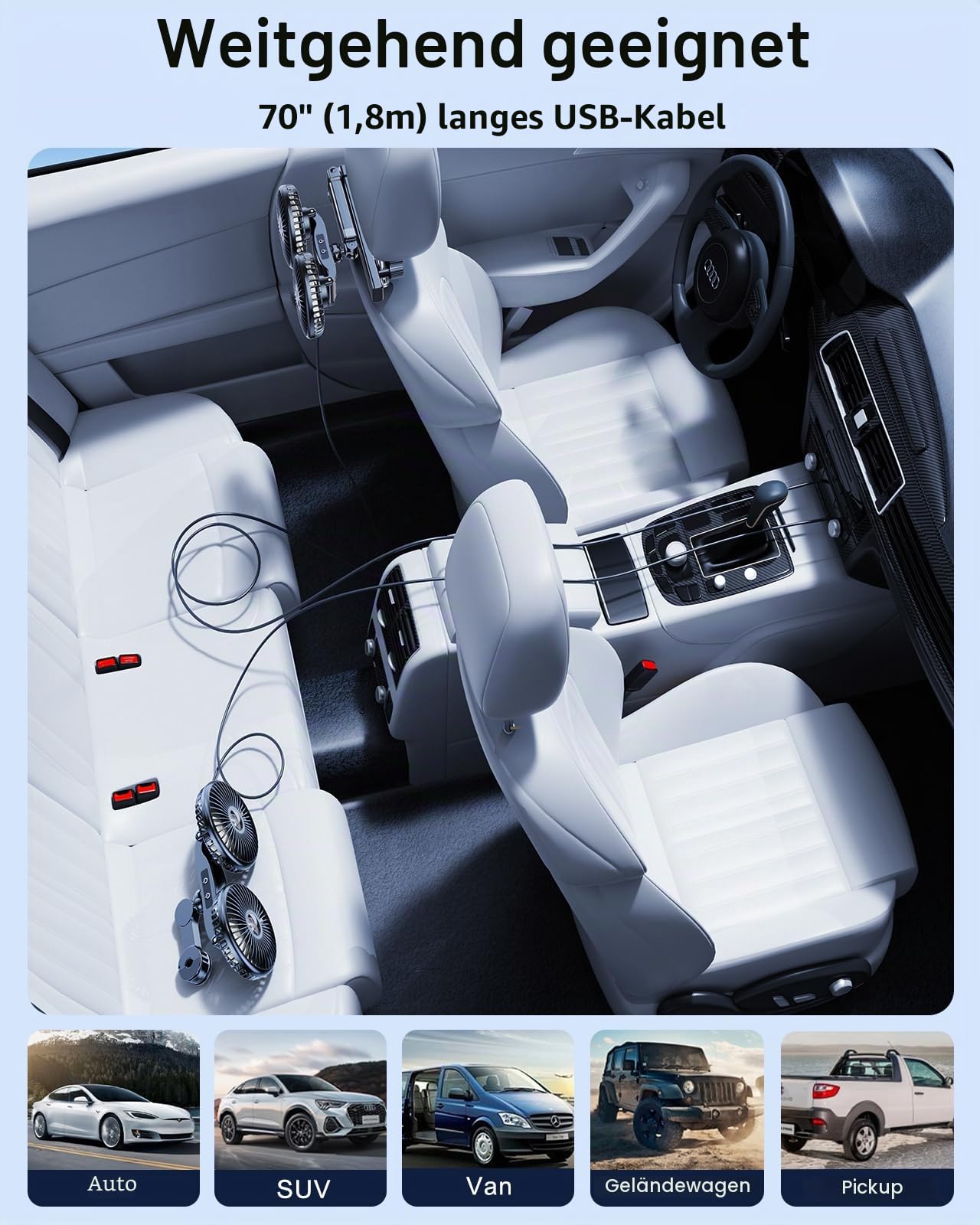 Akku Ventilator für Auto Rücksitz mit Einziehbarem Langem Arm, [Geschenk-Kfz Ladegerät & USB-C Kabel*1] 360° drehbar, 3 Geschwindigkeiten, separate Steuerung (Batterie)