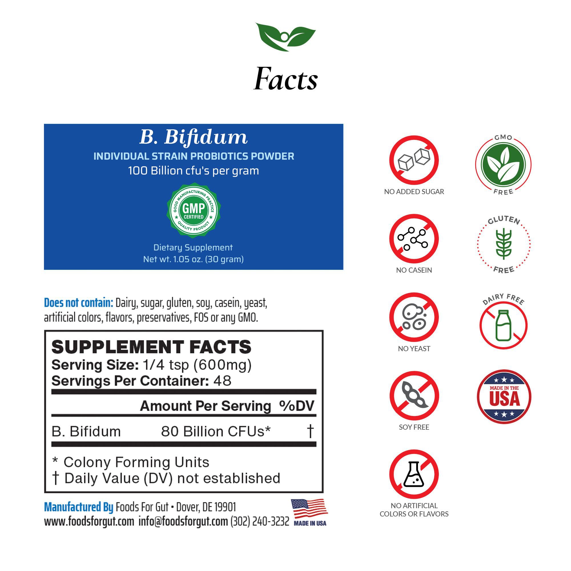 Foods For Gut Bifidobacterium Bifidum Probiotic Powder 100 Billion cfu's | Made in USA | No Additives | Digestive & Immune Support | High Potency | B. Bifidum | 30 Grams (1.05 Oz)