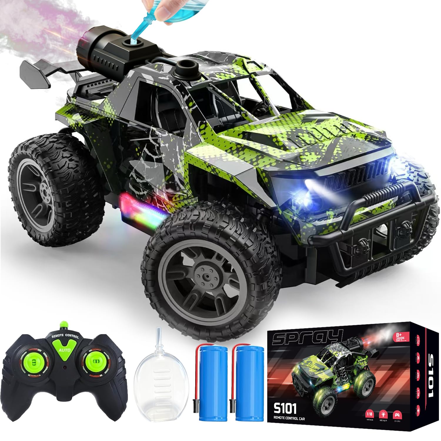 1 18 RC Monster Truck for Boys Kids 4-7-8-12 All-Terrain Off-Road Remote Control Car with LED Lights Spray