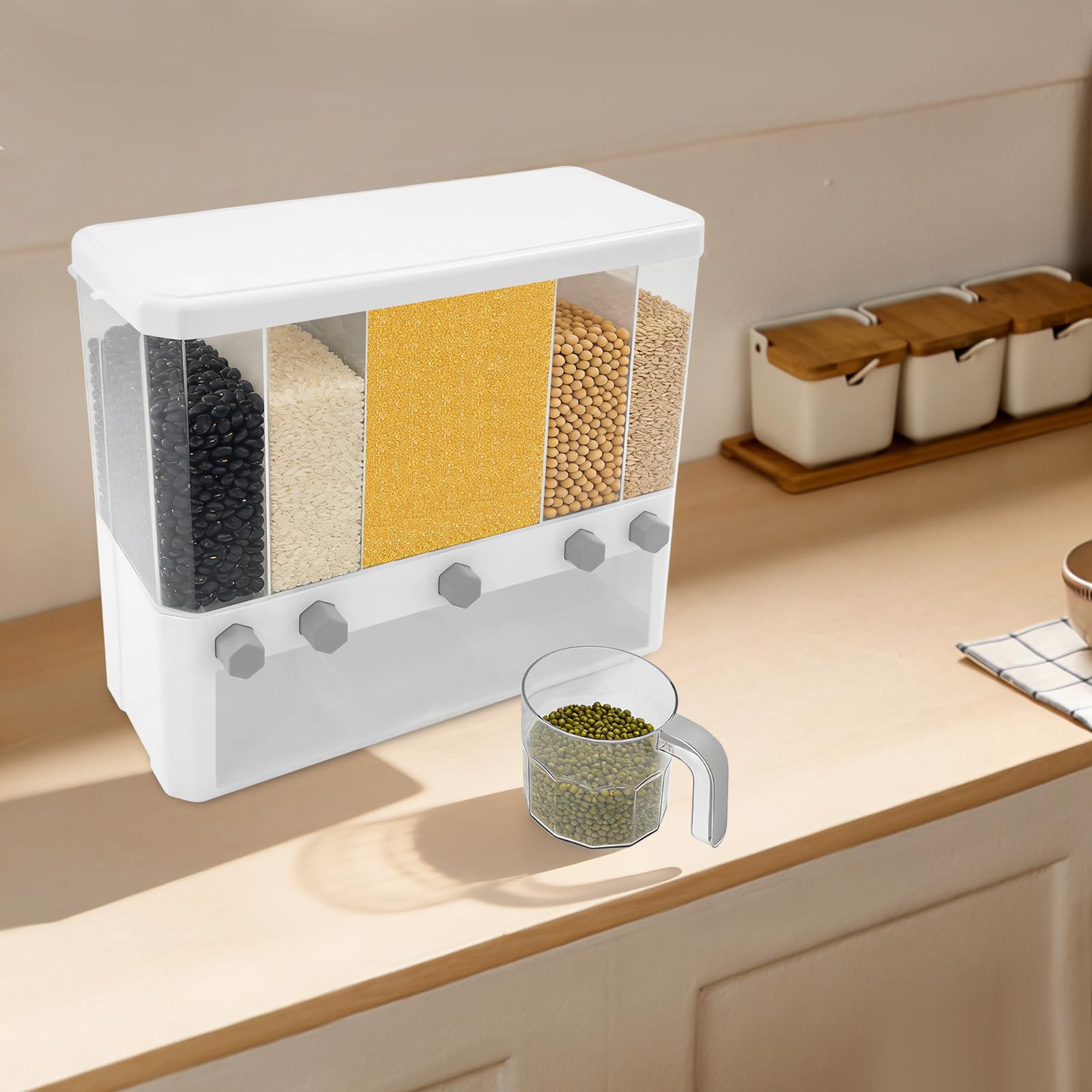 Contenitore per riso a 5 scomparti, dispenser di cereali con misurino e 5 coperchi rimovibili, contenitore per alimenti secchi, portata 15 kg, per riso, pasta, avena, fagioli, cucina, 42 x 19,5 x 35,2