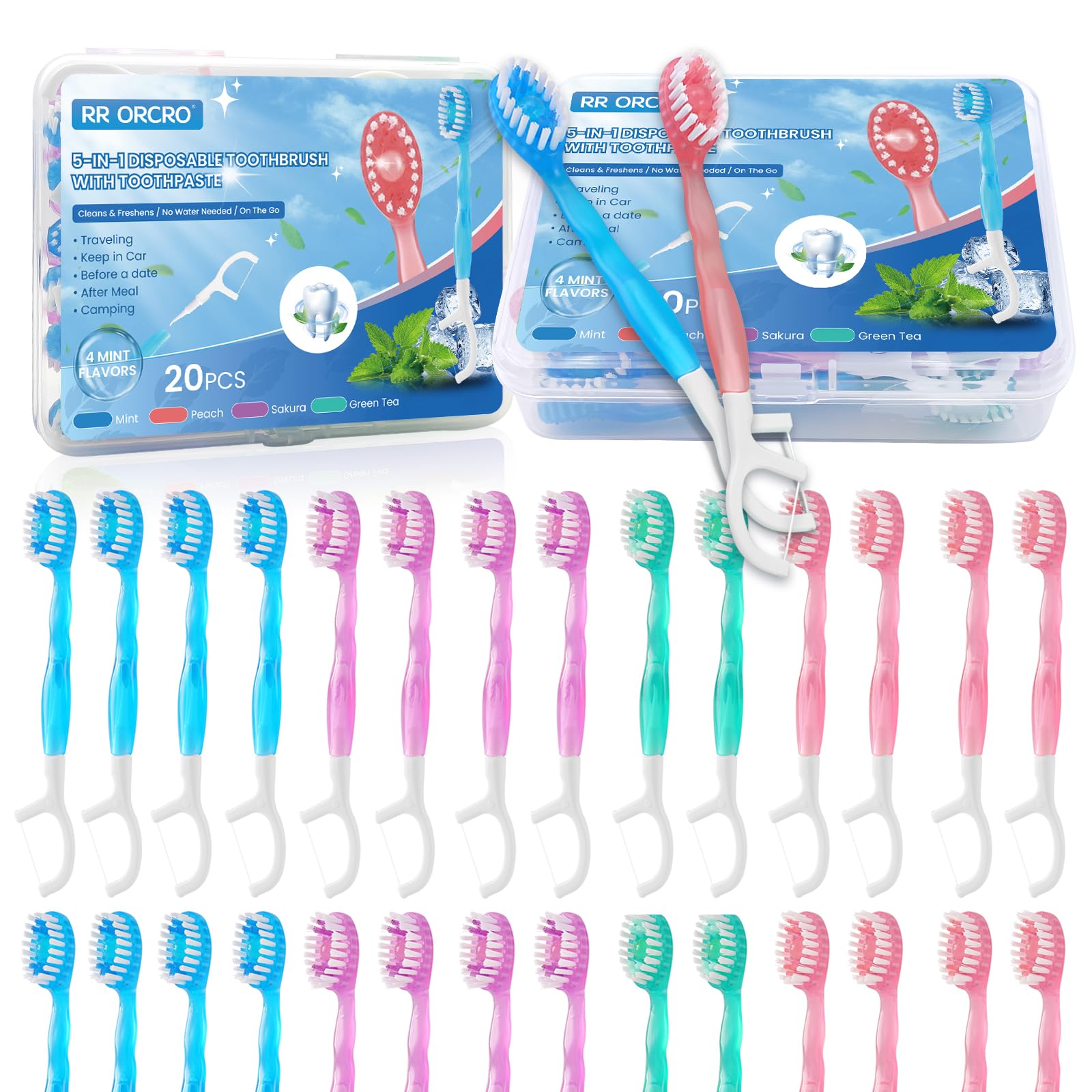 Confezione da 40 spazzolini da denti usa e getta con filo interdentale e | Mini spazzolino da denti da viaggio preincollato 5 in 1 per hotel, campeggio, auto, monouso, portatile