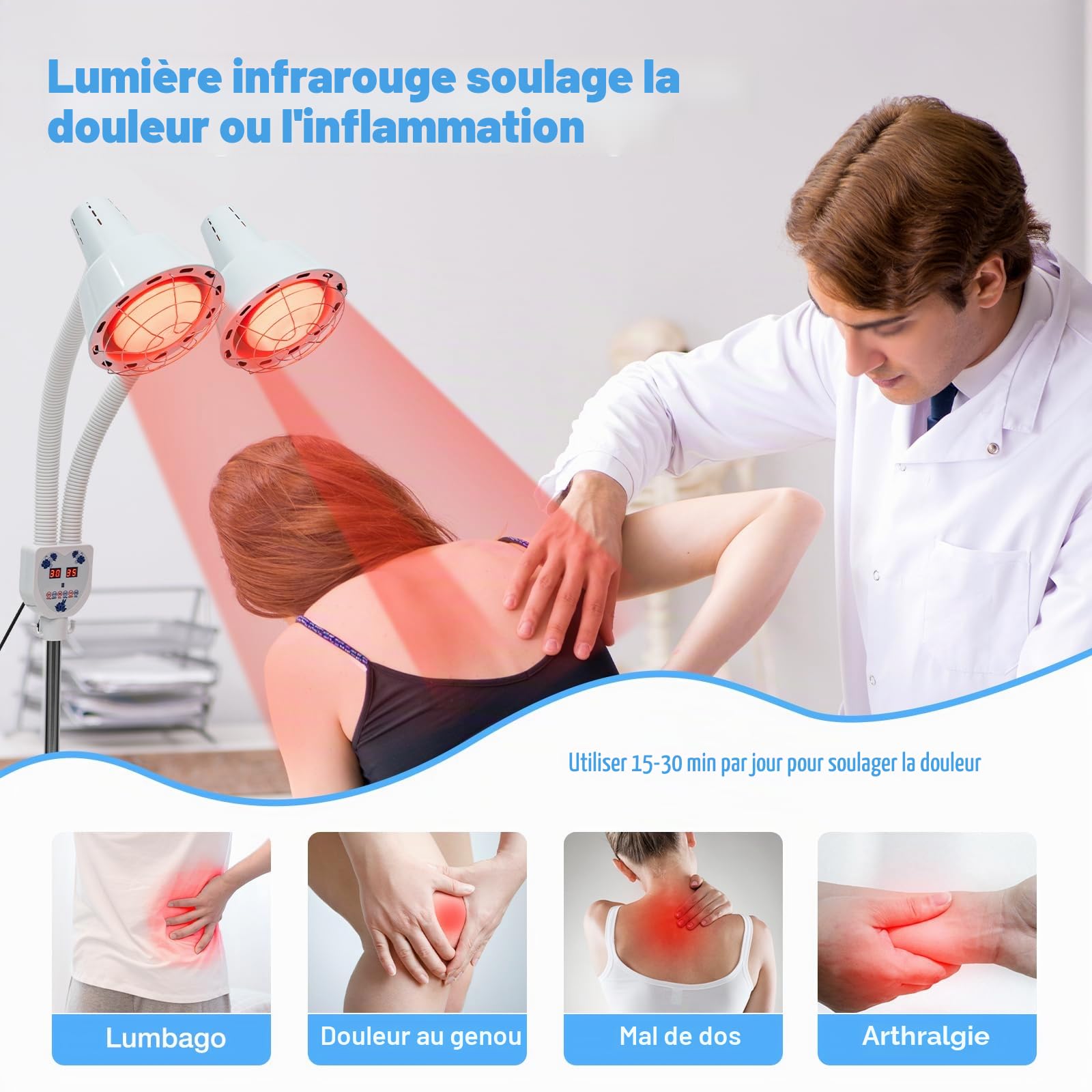 Lampe infrarouge 275 W pour thérapie infrarouge - Lampe chauffante avec télécommande et roulettes - Double tête - Lumière rouge 0-115 °C - Rotation à 360°