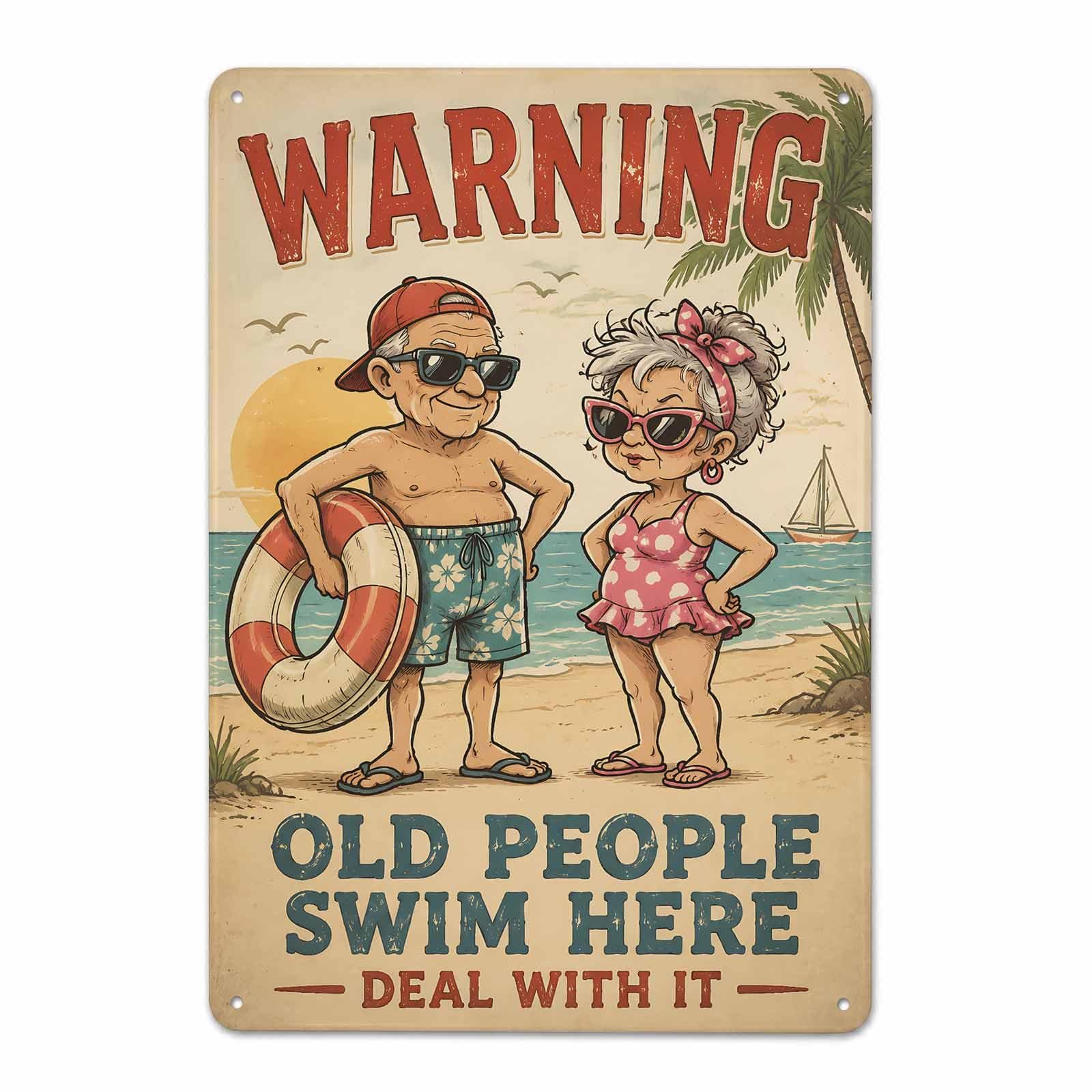 Gsrony Boys Type04 Warning Old People Swim Here Vintage Metal Tin Sign 8X12,Waterproof