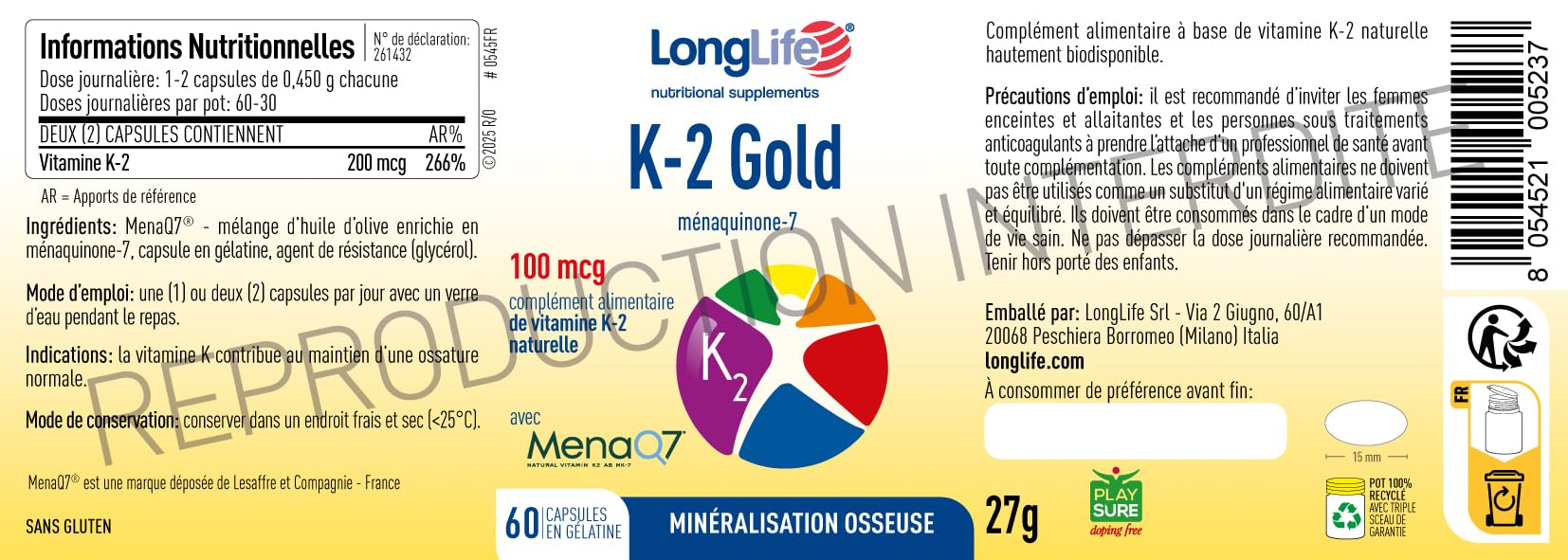 LongLife® K‑2 Gold  | Ménaquinone issue du natto | MenaQ7 | Vitamine K-2 en huile d’olive extravierge haute biodisponibilité | Os et circulation  | Jusqu’à 2 mois  | Vegan et sans gluten