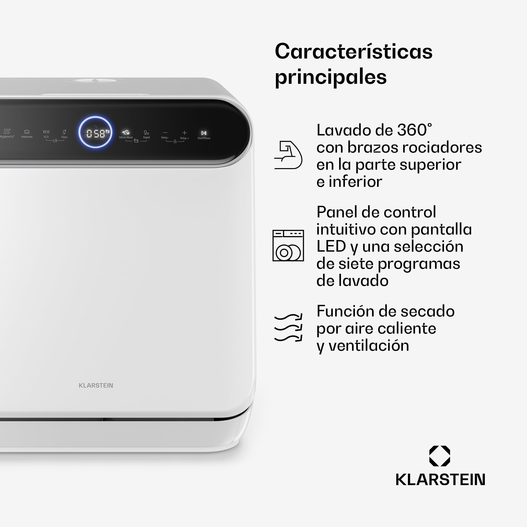 Lavavajillas de sobremesa Klarstein Oceana – Lavavajillas compacto para 3 servicios, 7 programas, 6 l de consumo de agua, AquaStop, diseño portátil