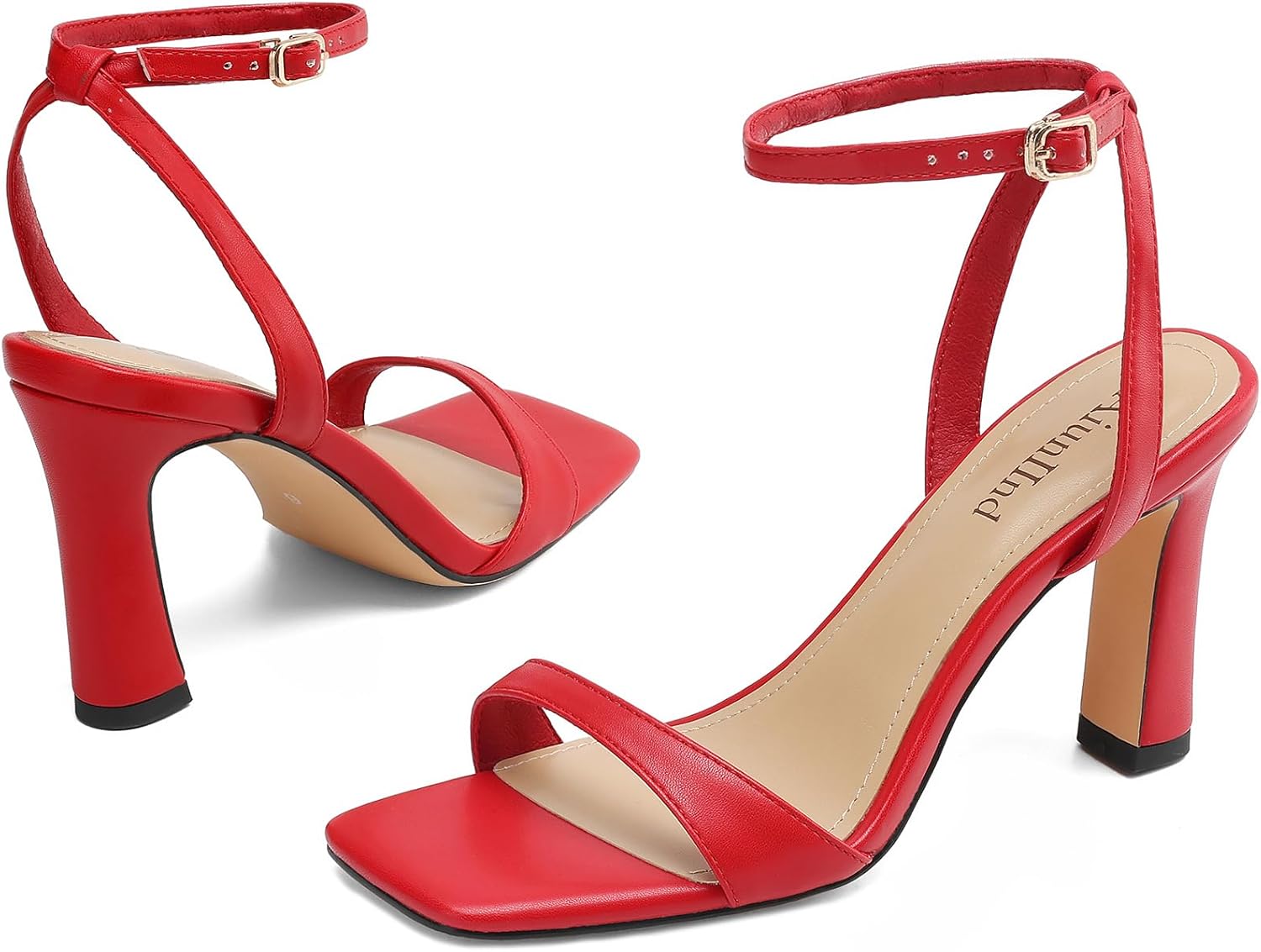 AIUNIIND Women's Square Open Toe Heeled Sandals Chunky High Heels Ankle Strap Sandals for Women Prom Wedding Heels Red 7.5 - Image 5