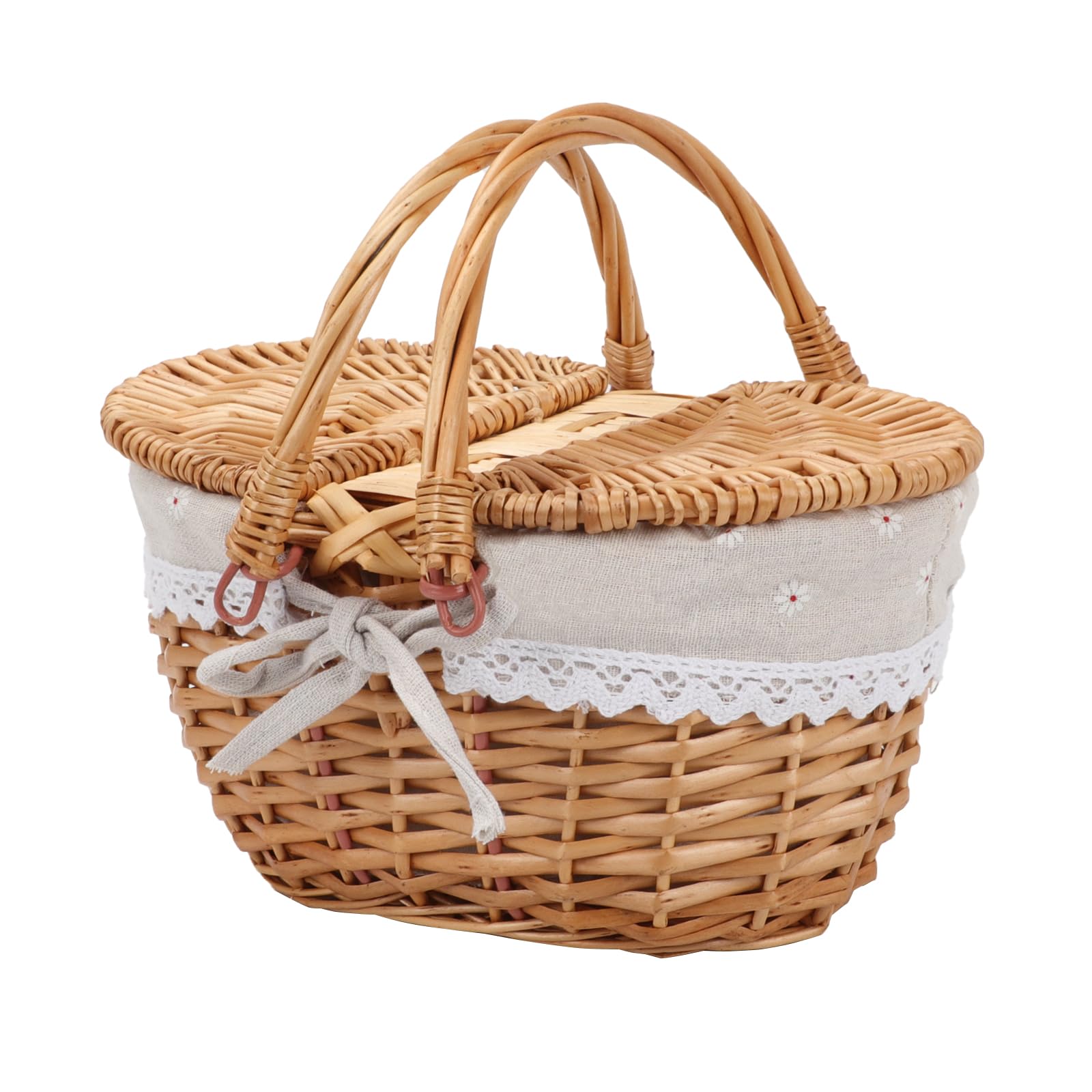Oval Natural Willow Wicker Picnic Hamper, Wicker Shopping Basket with Double Folding Handles and Lids, Wicker Picnic Basket with Liner Garden Harvest Wedding Decoration for Camping, Hiking(Small)