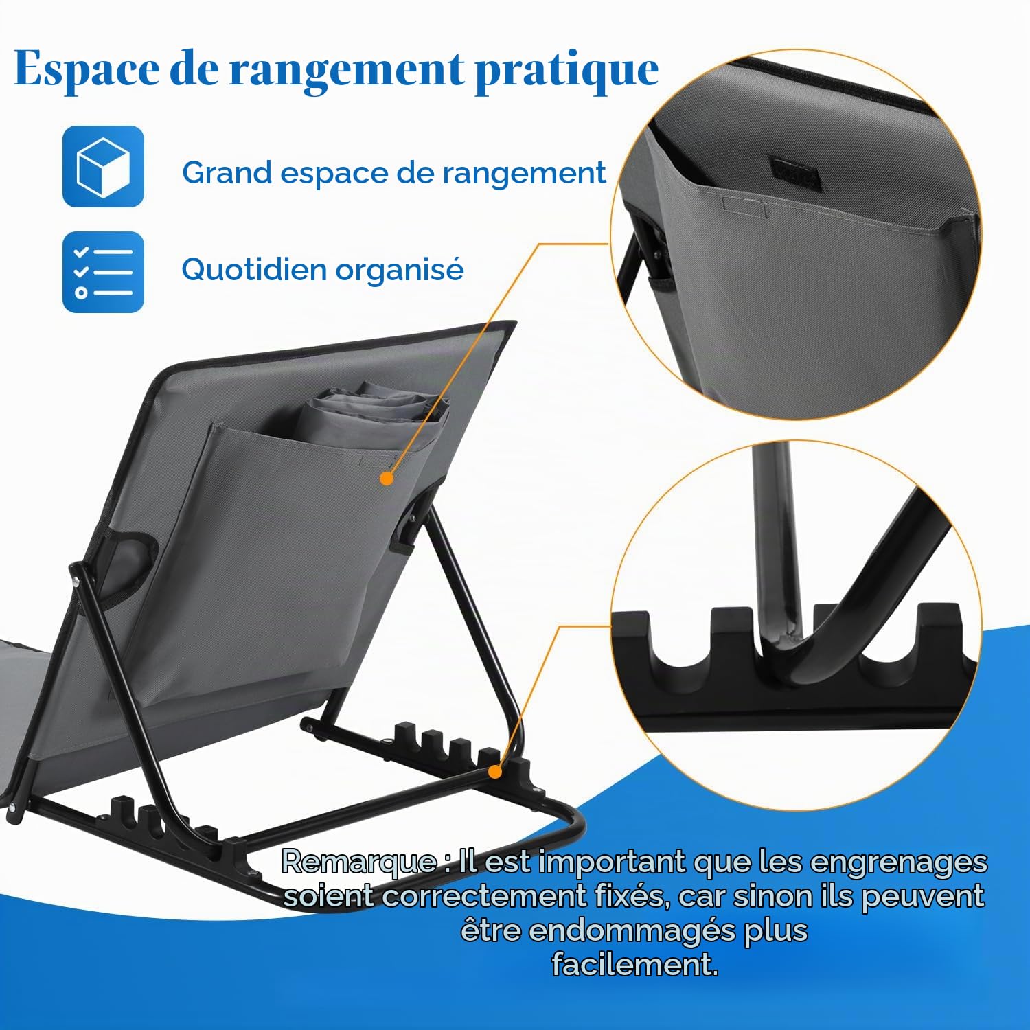 Lospitch Lot de 2 chaises de plage pliables, légères, tapis de plage rembourrés, sac à main, compartiments de rangement, coussin intégré avec réglage à 5 vitesses, tissu résistant à l'usure (158 cm,