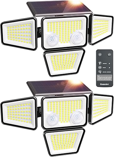 Ensenior Luces solares para exteriores, sensor de movimiento, luz exterior con control remoto, IP65, impermeable, 279 LED, 4 cabezales, luz de