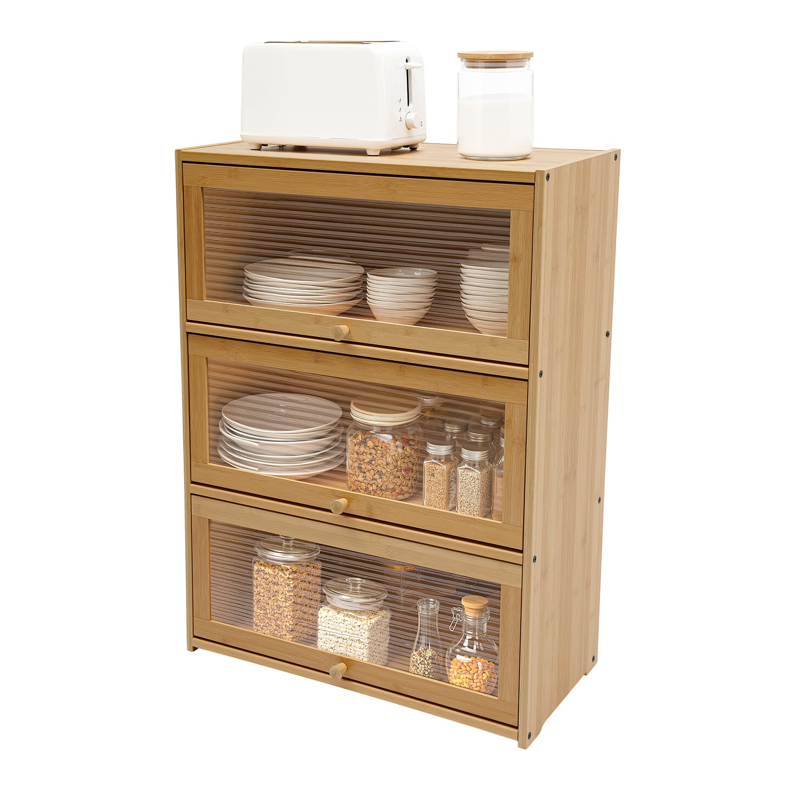 Bamboo Storage Cabinet Kitchen Pantry Sideboard with Acrylic Door Corner Bread Box Countertop Cabinet for Spice Seasoning Bottles Dish Bowl Food
