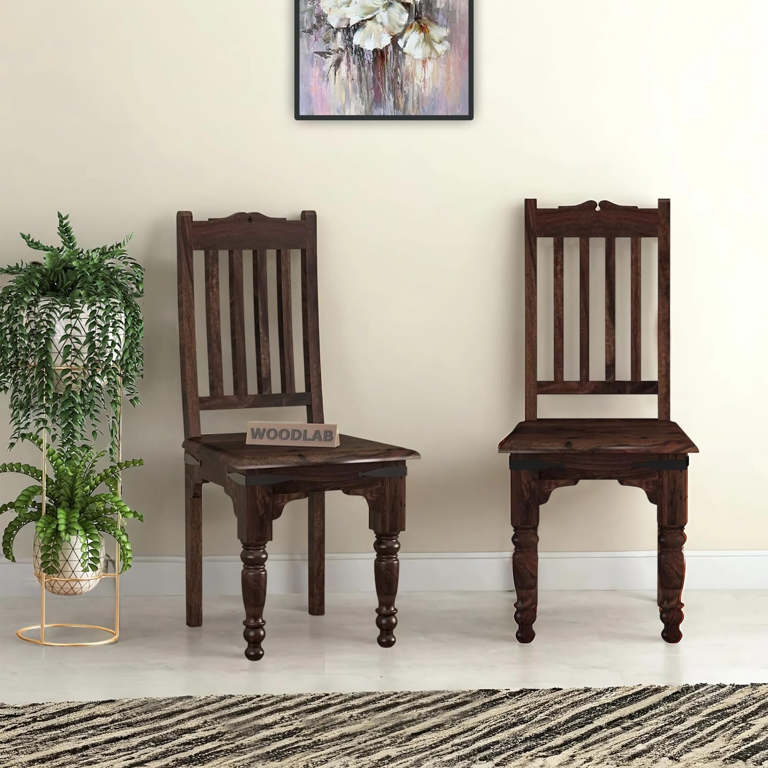 WOODLAB Sheesham Wood Jaipur Design Study Dining Chair Desk Chairs for Living Room Wooden Furniture for Home Office Set of 2 - (Walnut Finish)-picture-14
